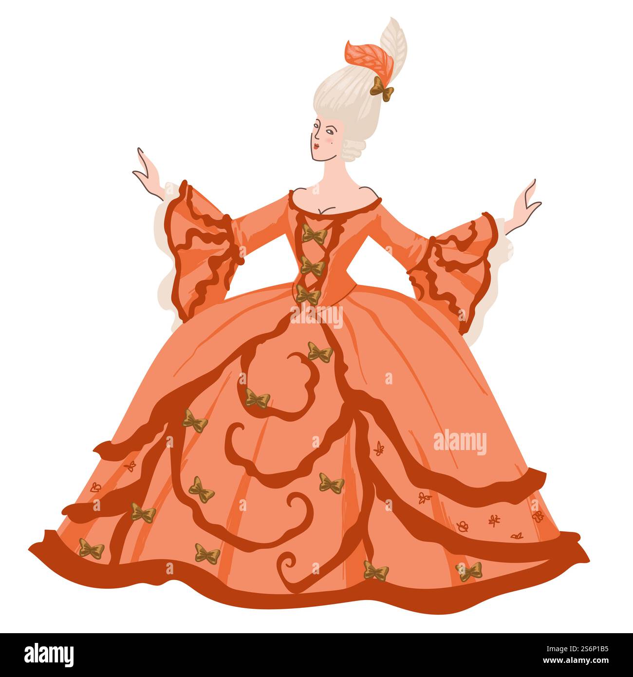 Weibliche Figur in traditionellem Barock- oder Rokoko-Kleid. Isolierter Adelssitz mit Perücke, Frau am Empfang oder Ball, Adel oder Monarchie, königliche Person in Kleidung. Vektor in abgewickelter Form. Barock oder Rokoko, Frau in traditioneller Kleidung Stock Vektor