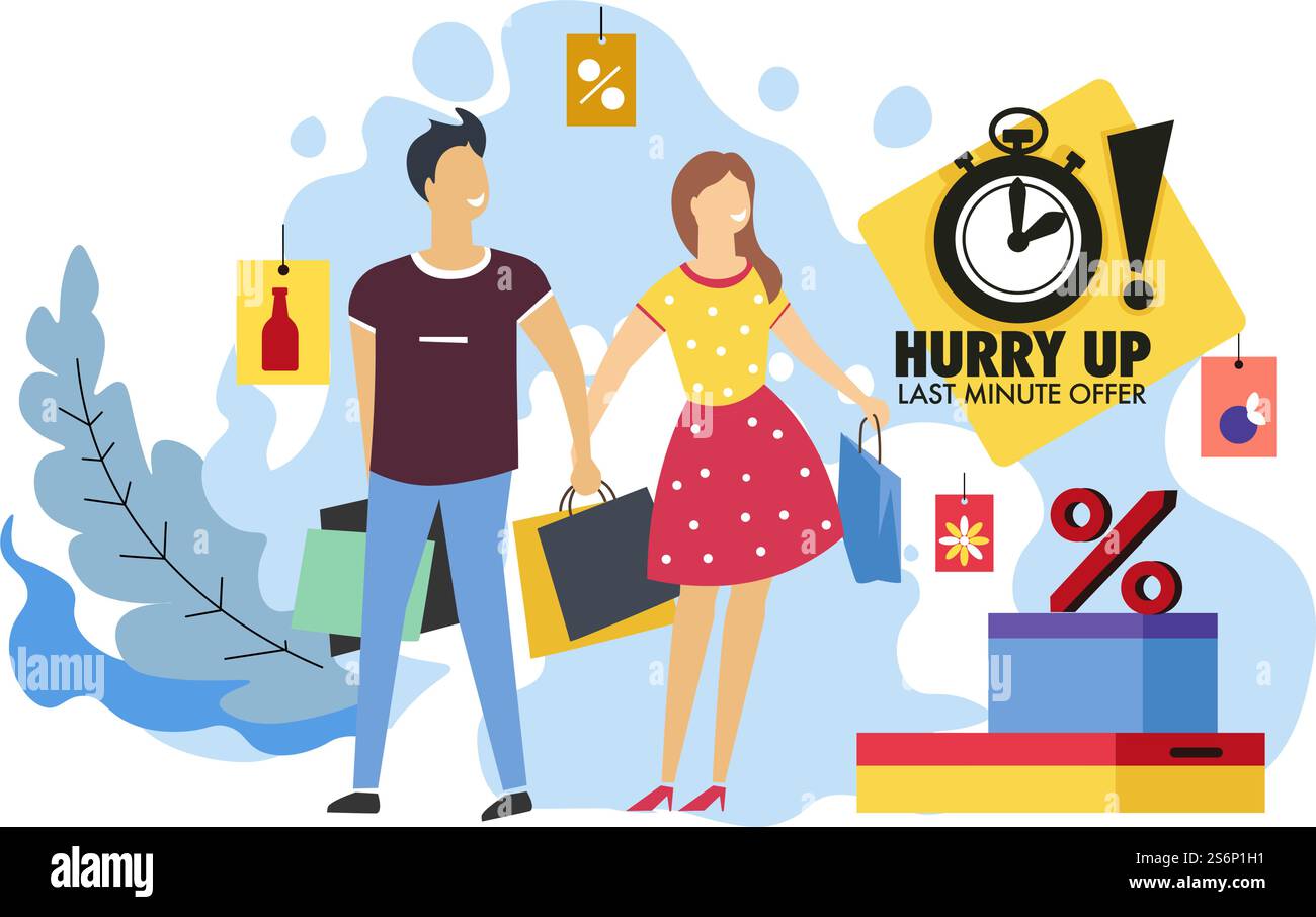 Bieten Sie nur begrenzte Zeit an, sodass Sie Kunden und Kunden schnell in den Griff bekommen. Einkäufe mit Rabatten und Verkäufen, zusammen mit Taschen auf der Suche nach Produkten zu reduzierten Preisen. Vektor in abgewickelter Darstellung. Last-Minute-Angebot für Kunden, Rabatte für Käufer Stock Vektor