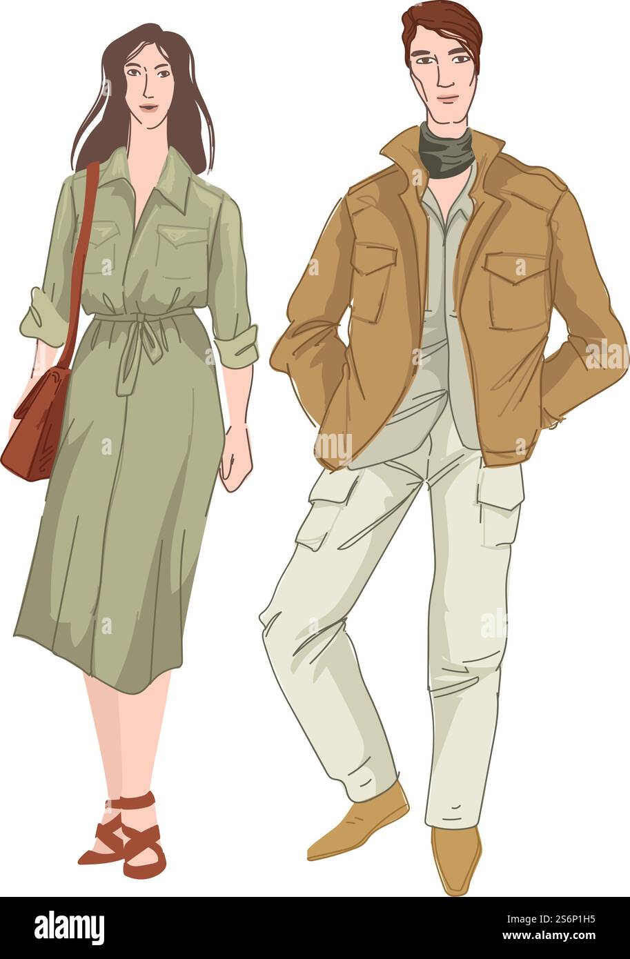 Stylische Kleidung für Herren und Damen im Militär- oder Safari-Stil. Outfits einschließlich Kleidung und Accessoires für Männer und Frauen. Trendige und modische beige Westernkleidung. Vektor in der Ebene. Kleidung im Safari- oder Militärstil für Männer Frauen Stock Vektor Stylische Kleidung für Herren und Damen im Militär- oder Safari-Stil. Outfits einschließlich Kleidung und Accessoires für Männer und Frauen. Trendige und modische beige Westernkleidung. Vektor in der Ebene. Kleidung im Safari- oder Militärstil für Männer Frauen Stock Vektor