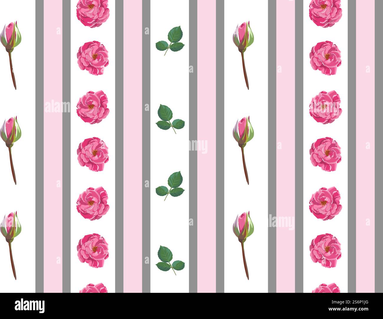 Blühende Blumen, Pfingstrosen oder Rosen mit Knospen und Blättern in Linien und Streifen. Nahtloses Muster mit natürlichen dekorativen Elementen. Modeschmuck oder Hintergrund, botanische Tapete. Vektor in abgewickelter Form. Rosen oder Pfingstrosen blühen, Tapetenmuster Stock Vektor