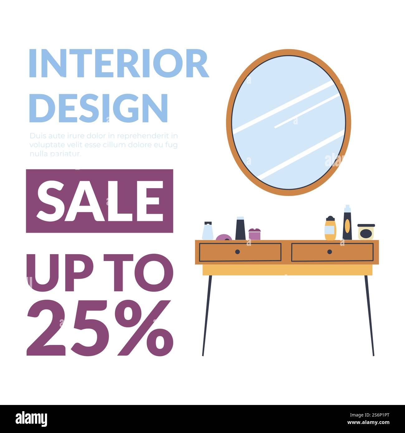 Möbelgeschäft oder -Geschäft, Innenarchitektur bis zu 25 Prozent des Preises. Toilettentisch mit Kosmetikprodukten und Spiegel. Moderne und luxuriöse Einrichtung für das Apartment. Vektor in abgewickelter Form. Innenausbau Verkauf bis 25, Möbelgeschäft Stock Vektor