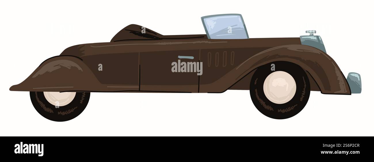 amerikanischer Oldtimer, isolierte Ikone des schwarzen Cabrios mit offenem Oberteil. Sportwagen, cooles altmodisches Auto. Teurer und luxuriöser Transport, Showroom im Geschäft oder Geschäft. Vektor in abgewickelter Form. Altes Retro-Automobil, amerikanischer Oldtimer-Vektor Stock Vektor