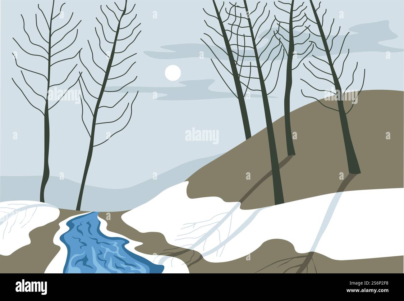 Kalter Winter oder Frühjahrsblick auf den Fluss am Abend oder in der Nacht bei Vollmond. Landschaft mit schmelzendem Schnee und Wasser, Bäumen und Hügeln oder Bergen. Blick auf die ländliche Landschaft. Vektor in abgewickelter Form. Winter- oder Frühjahrslandschaft des Flusses bei Nacht Stock Vektor