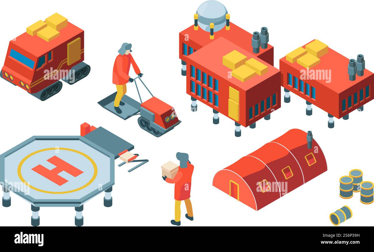 Arktis isometrisch. Nordpol Expedition Meteorologie Symbole Menschen Tiere Polarflagge Vektor-Entdecker Sammlung. Illustration Expeditionsforschung, wissenschaftliche Forschungsbasis. Arktis isometrisch. Nordpol Expedition Meteorologie Symbole Menschen Tiere Polarflagge Vektor-Entdecker Sammlung Stock Vektor