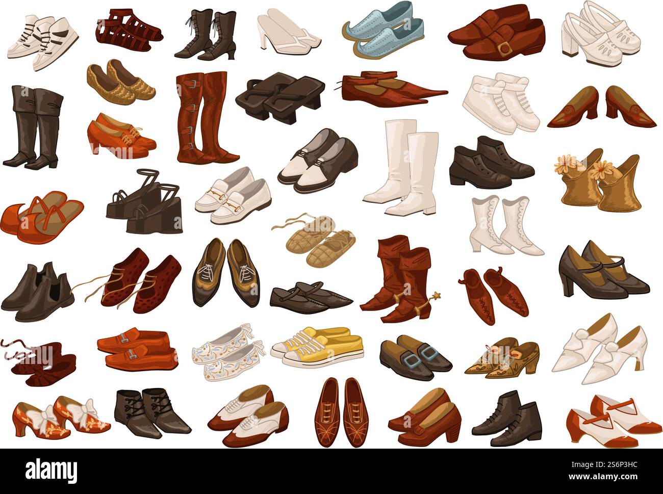 Vintage- und Retro-Schuhe für Herren und Damen, isolierte Paar Schuhe für Damen und Herren. Stiefel für Winter und Herbst, japanisches und indisches Design, Bekleidung und Outfits. Vektor in abgewickelter Form. Herren- und Damenschuhe, Vintage- und Retro-Stiefel Stock Vektor