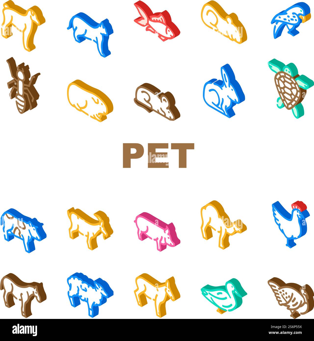 Haustier, Bauernhof Und Meer Aqua Icons Set Vektor. Mäuse Und Hamster, Hündchen Und Katzenkätzchen Haustier, Pferd Und Kamel, Papagei Und Hühnervogel, Schildkröte Und Aquarium Fisch Isometrische Schilderfarben Illustrationen. Haustier, Bauernhof Und Meer Aqua Icons Set Vektor Stock Vektor