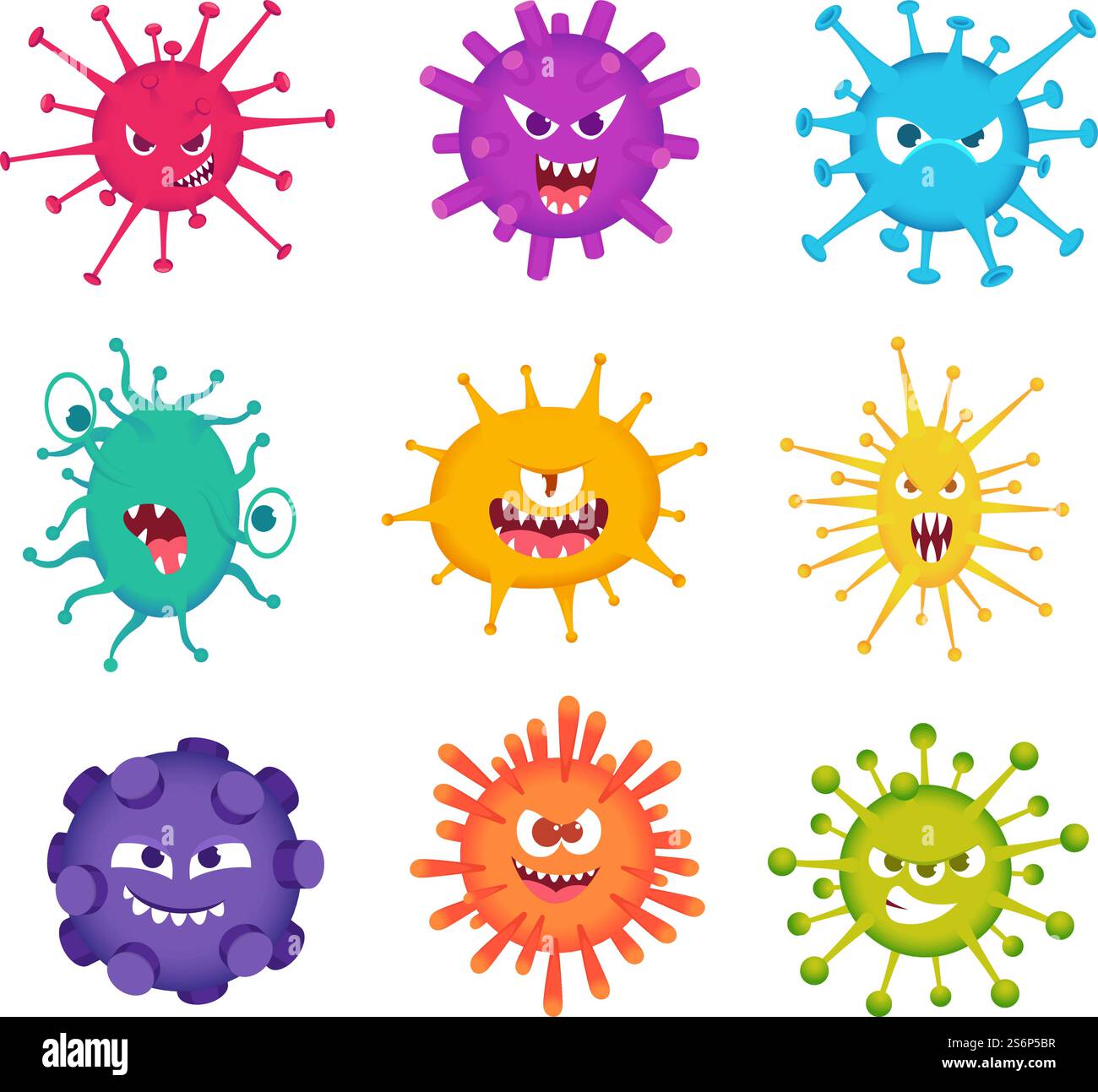 Virengesichter. Medizinische Zeichen Bakterien Maskottchen lächelndes Monster pathogene Virus genaue Vektorsatz. Illustration Krankheit und Grippesammlung. Virengesichter. Medizinische Zeichen Bakterien Maskottchen lächelndes Monster pathogene Virus genaue Vektorsatz Stock Vektor