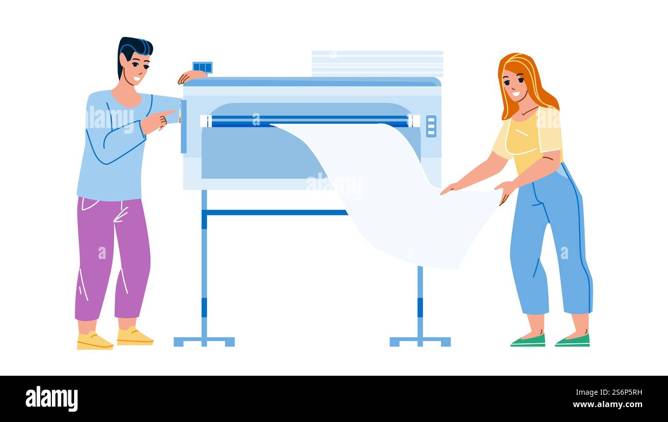 Druckmaschinen Industrie Geräte Verwenden Personen Vektor. Mann Und Frau Drucken Papierliste Auf Industriedruckmaschine. Charaktere, Die Mit Der Illustration Von Electronic Tool Flat Cartoon Arbeiten. Druckmaschinen Industrie Geräte Verwenden Personen Vektor Stock Vektor