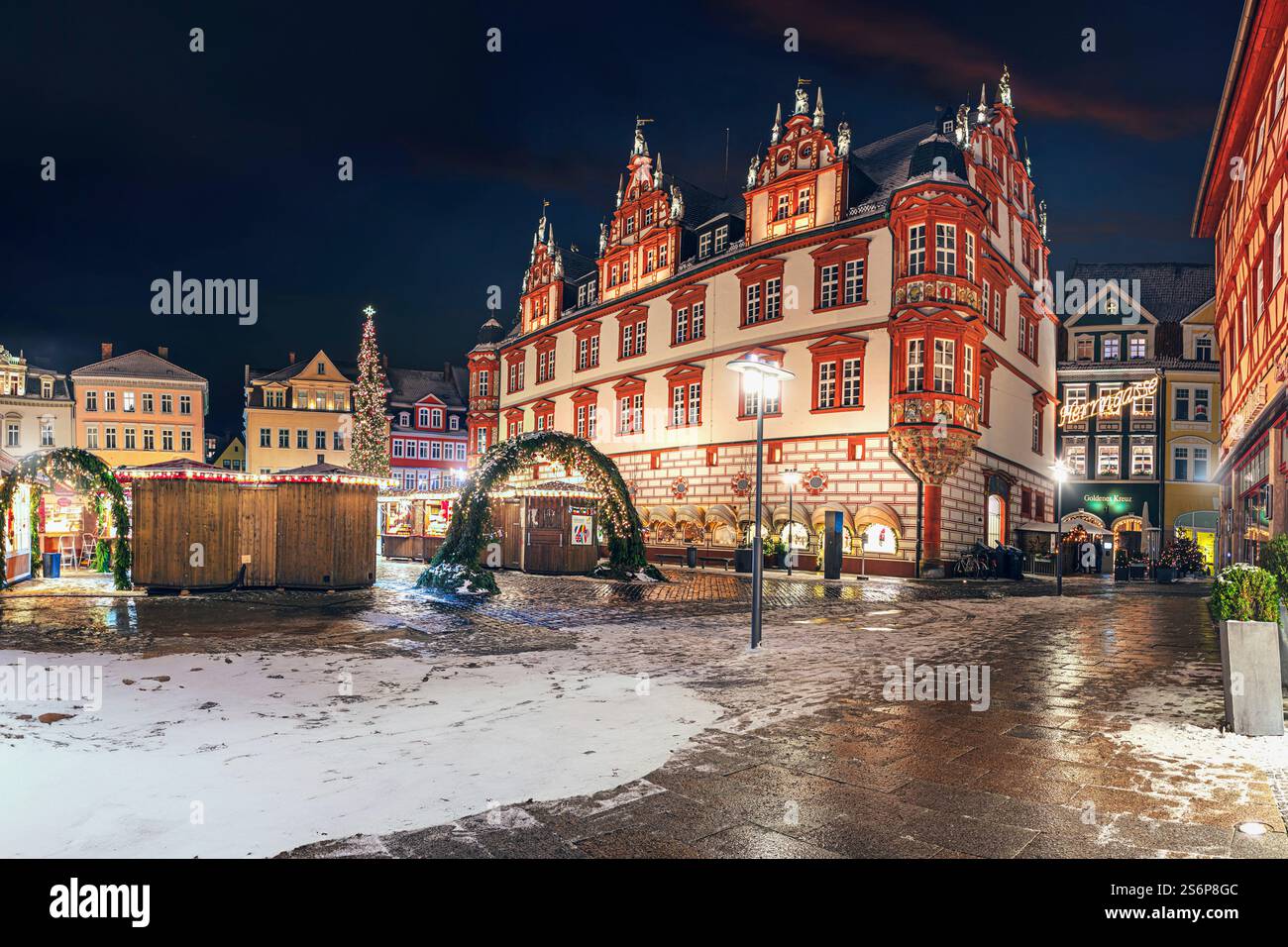 Marktplatz des winterlichen Coburg in Bayern Stockfoto