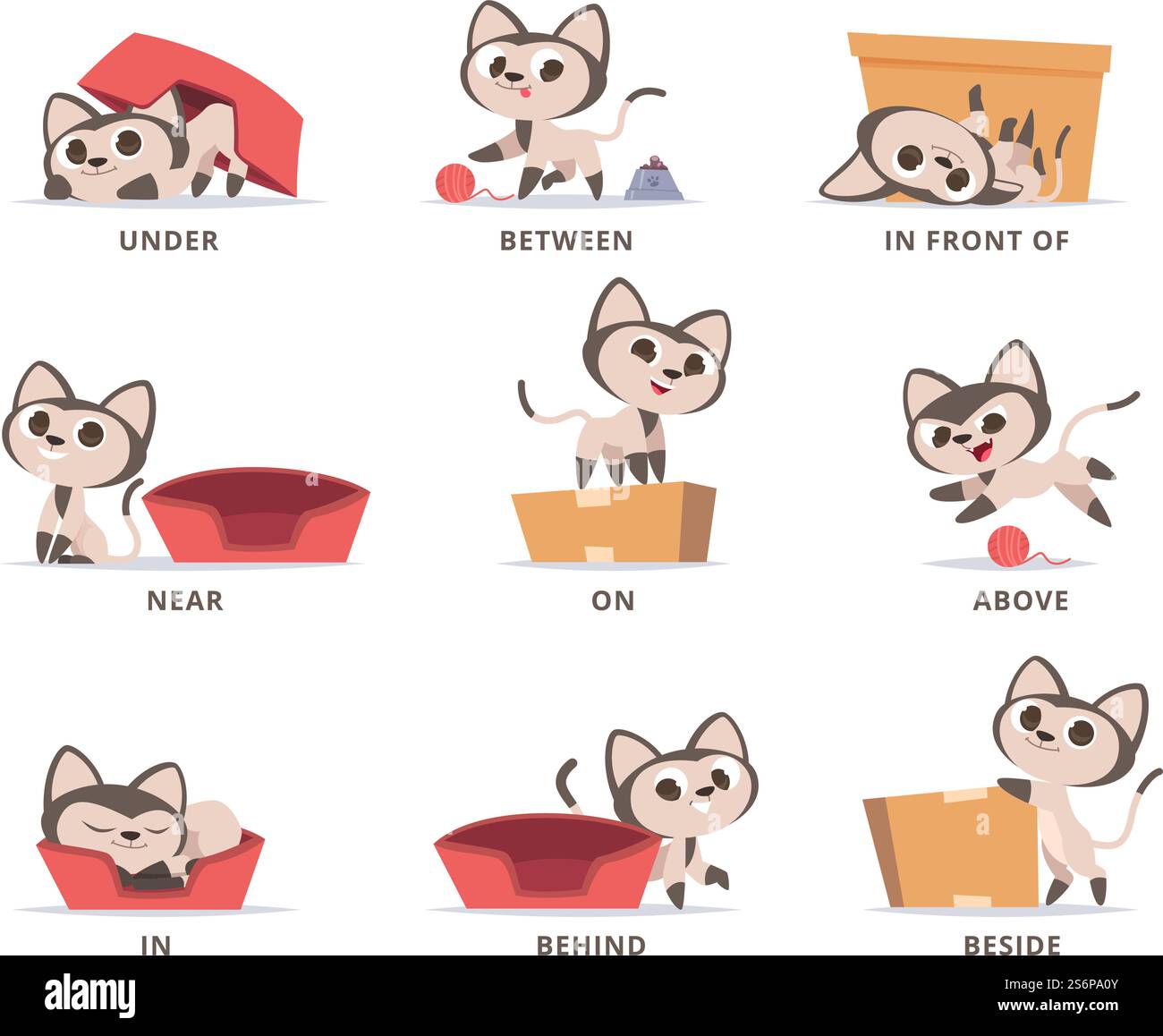 englisch-Präpositionen lernen. Vorschulgrammatik süßes Kätzchen, das mit Box-Präpositionen auf oben unten in und auf Vektor-Set spielt. Illustration englische Bildungssprache, Präposition für Position. englisch-Präpositionen lernen. Vorschulgrammatik süßes Kätzchen, das mit Box-Präpositionen auf oben unten in und auf Vektor-Set spielt Stock Vektor