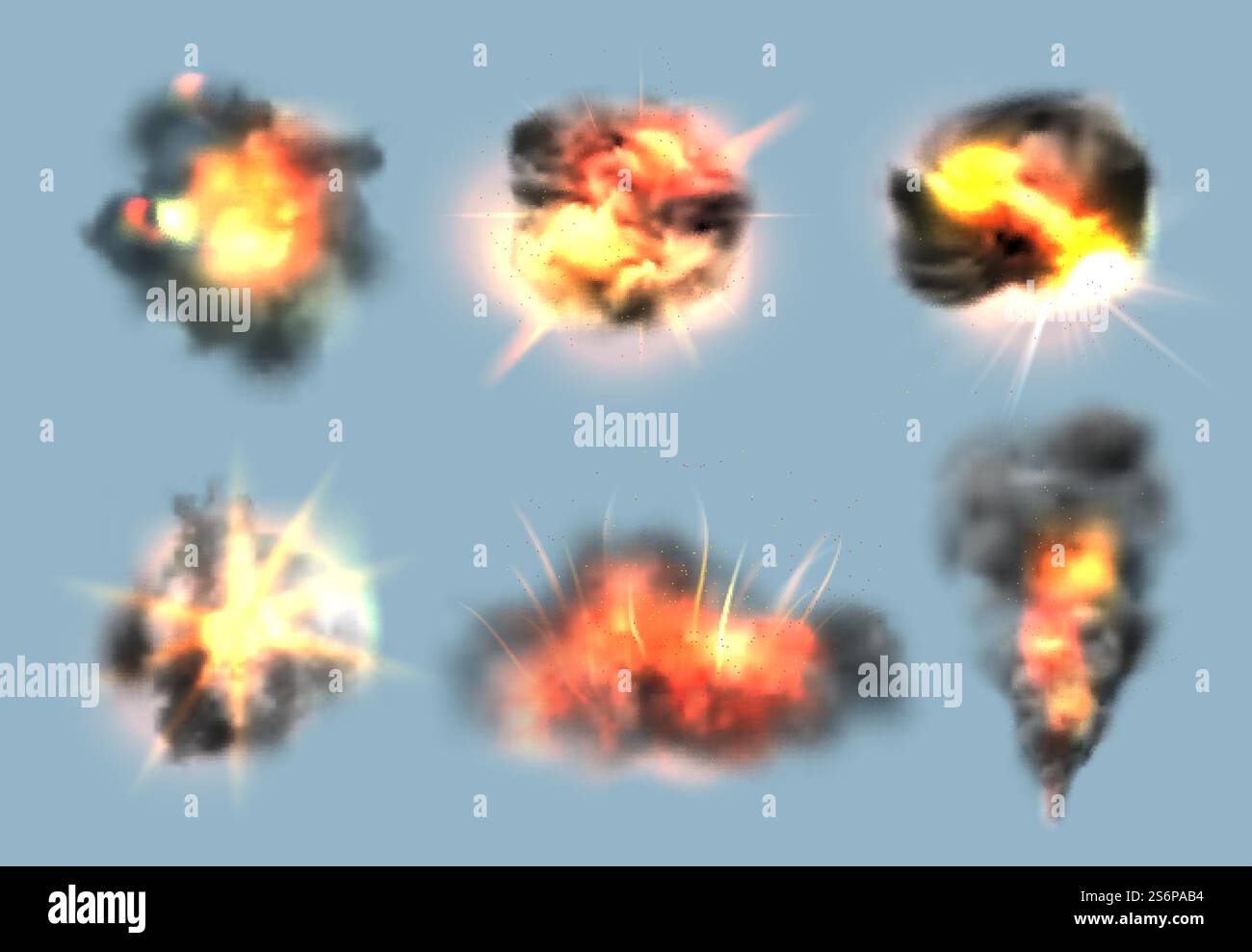 Dynamit-Explosionseffekte. Realistische Bombenexplosion mit Feuer- und Rauchwolken-Vektorsammlung. Dynamit Knall und Bumm, Energieexplosion Illustration Animation. Dynamit-Explosionseffekte. Realistische Bombenexplosion mit Feuer- und Rauchwolken-Vektorsammlung Stock Vektor