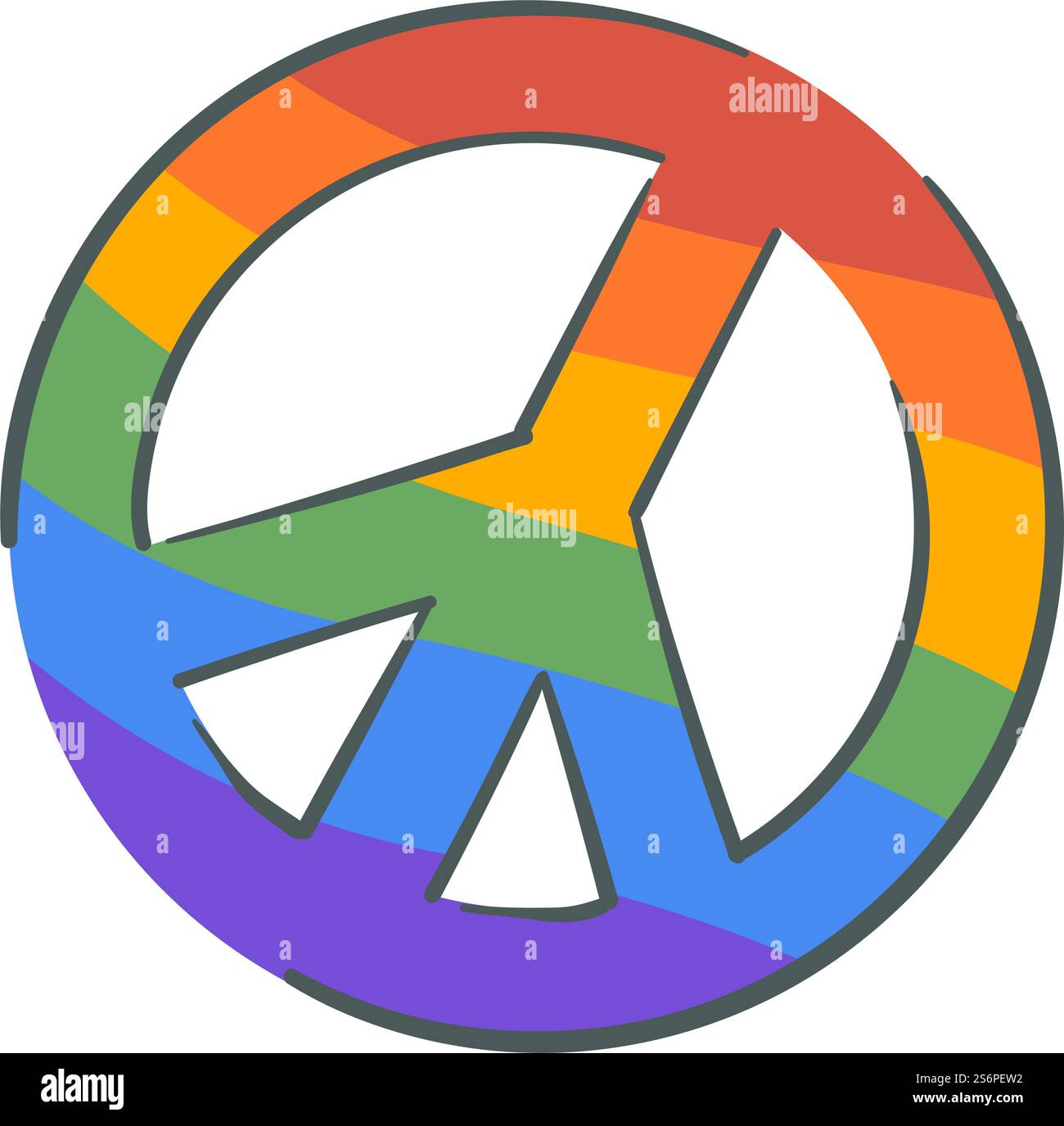 Friedenssymbol der Hippies-Kulturen, isoliertes Schild mit Kreis- und Regenbogenfarbe. Logo oder Etikett, Love and Tolerance Print. Abgerundetes Logo von Pazifisten. Vektor in abgewickelter Darstellung. Hippie-Zeichen, Friedenssymbol mit Regenbogenvektor Stock Vektor