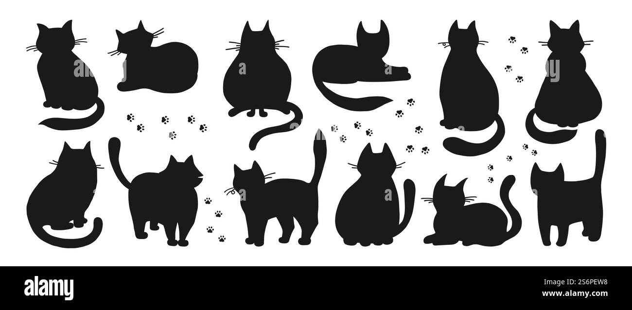 Katzen-Silhouettenset. Niedliche handgezeichnete kindliche Kätzchenfigur. Modernes, lustiges Tierdesign für Kinder. Konturfigur Katzen in verschiedenen Posen. Säugetierzeichnung Zeichenvektor Illustration Stock Vektor