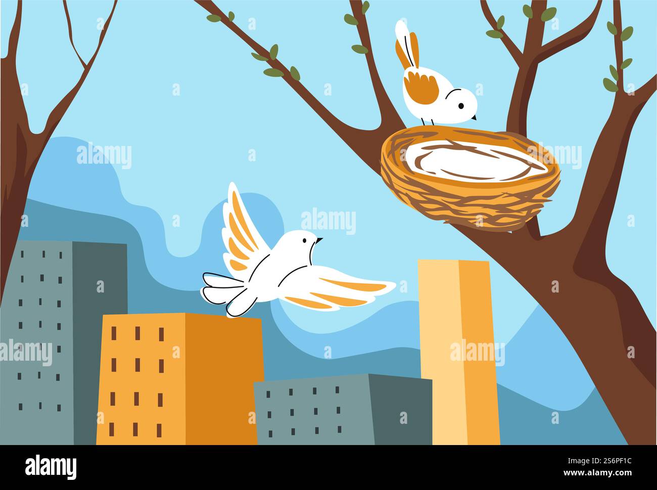 Frühlingszeit Wiederbelebung der Natur und Blüte der Flora. Vögel im Nest auf Bäumen, Blick auf die Stadt mit Wolkenkratzern und hohen Wohnungen und Gebäuden. Vektor in abgewickelter Form. Vögel nisten auf Baum in der Stadt Frühling Jahreszeit Vektor Stock Vektor