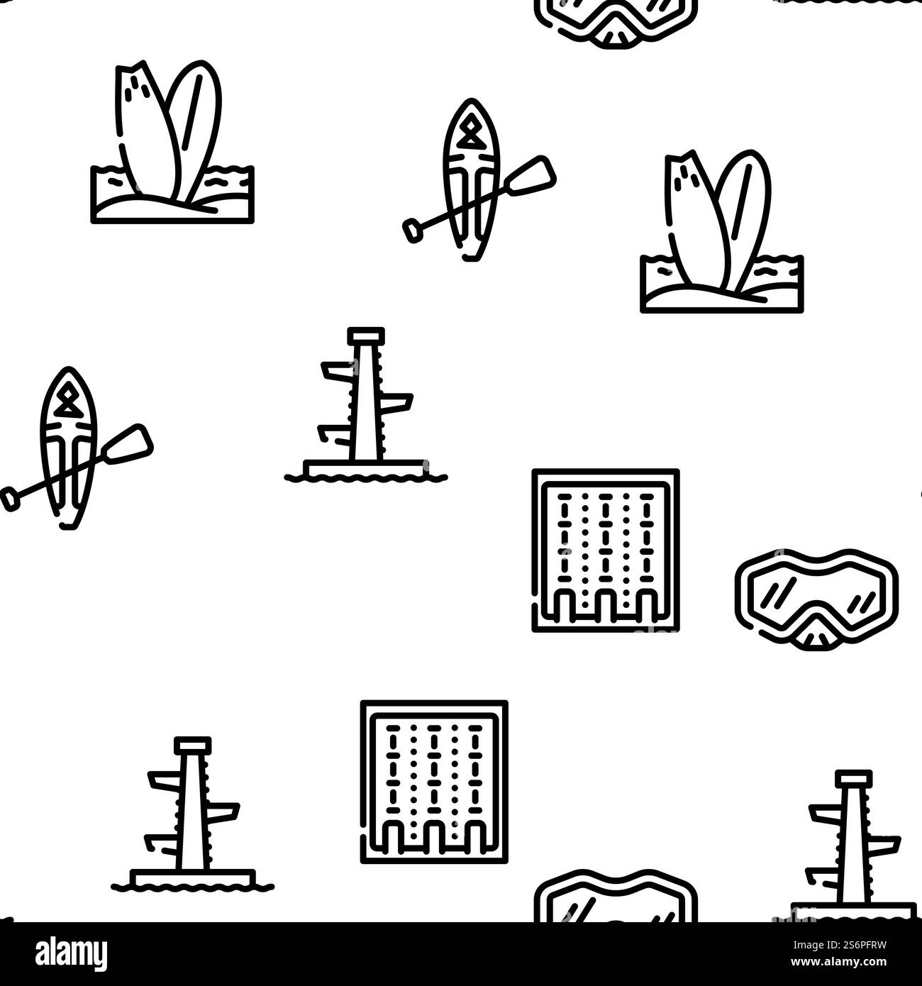 Wassersport Aktive Besetzung Vektor Nahtlose Muster Dünne Linie Illustration. Wassersport Aktive Besetzung Vektor Nahtloses Muster Stock Vektor