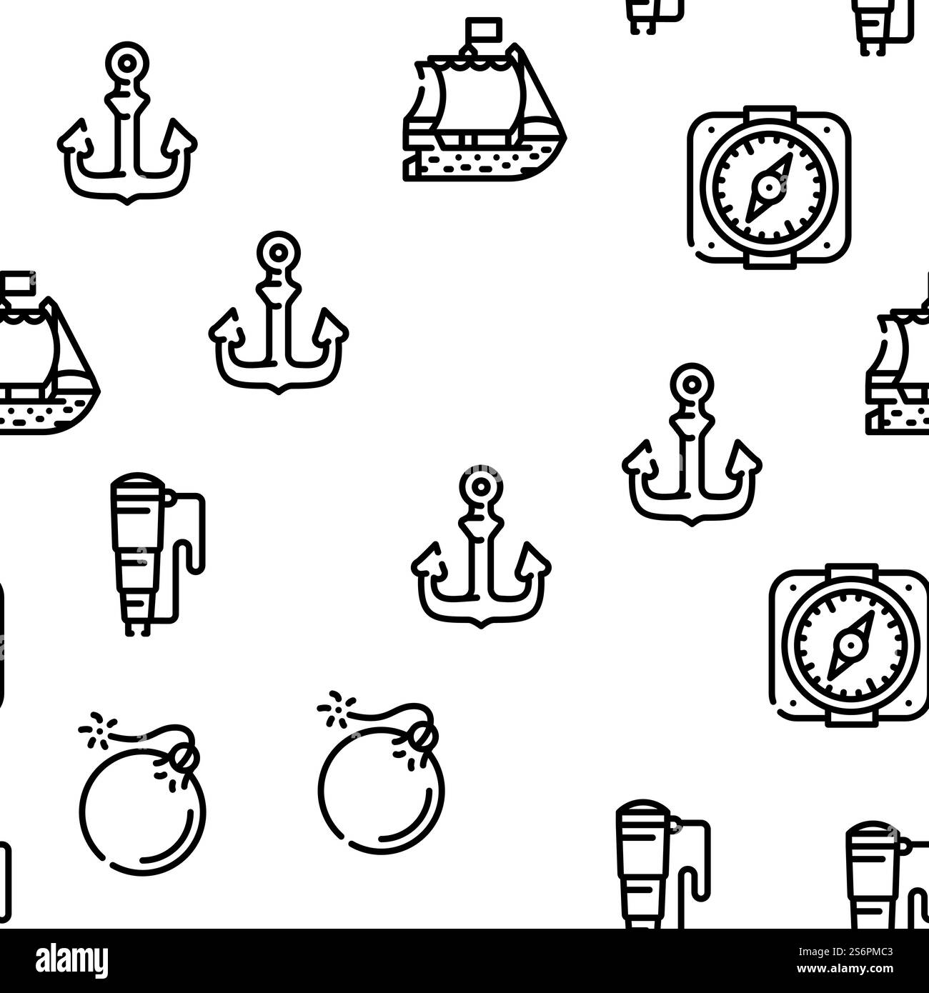 Pirate Sea Räuber Vektor Nahtlose Muster Dünne Linie Illustration. Seeräuber Seeräuber Vektor Nahtloses Muster Stock Vektor