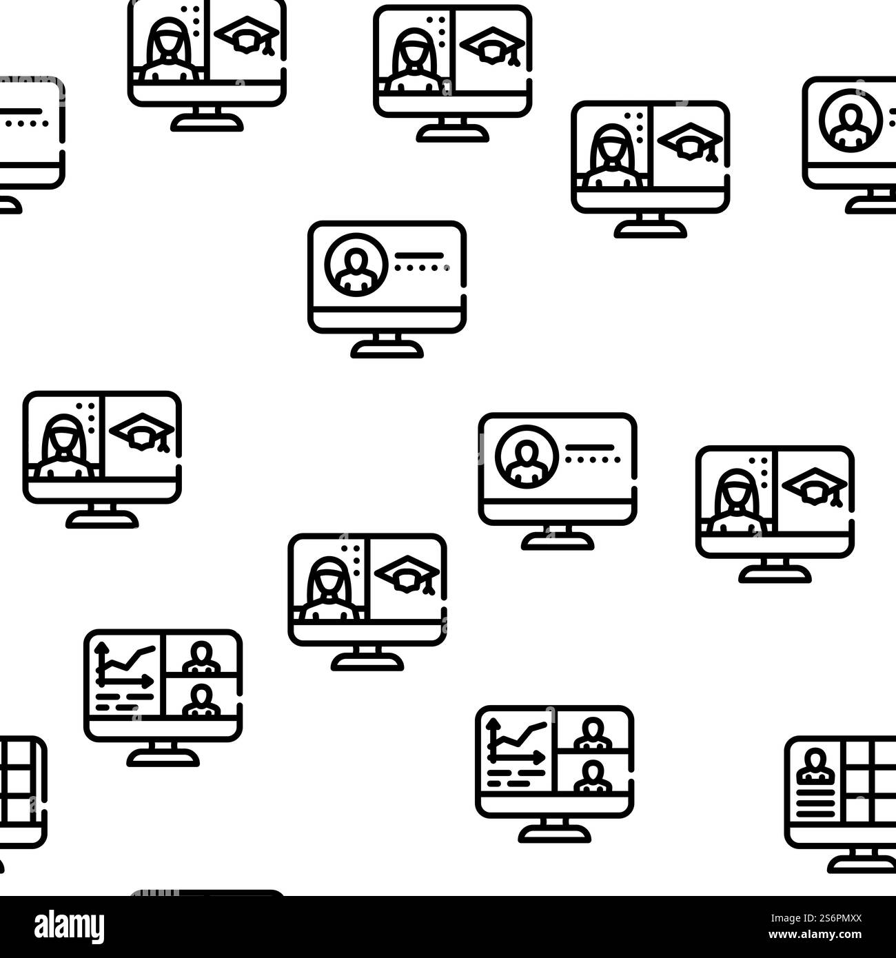 Video Konferenz Kommunikation Vektor Nahtlose Muster Dünne Linie Illustration. Videokonferenzkommunikation Vektor Nahtloses Muster Stock Vektor