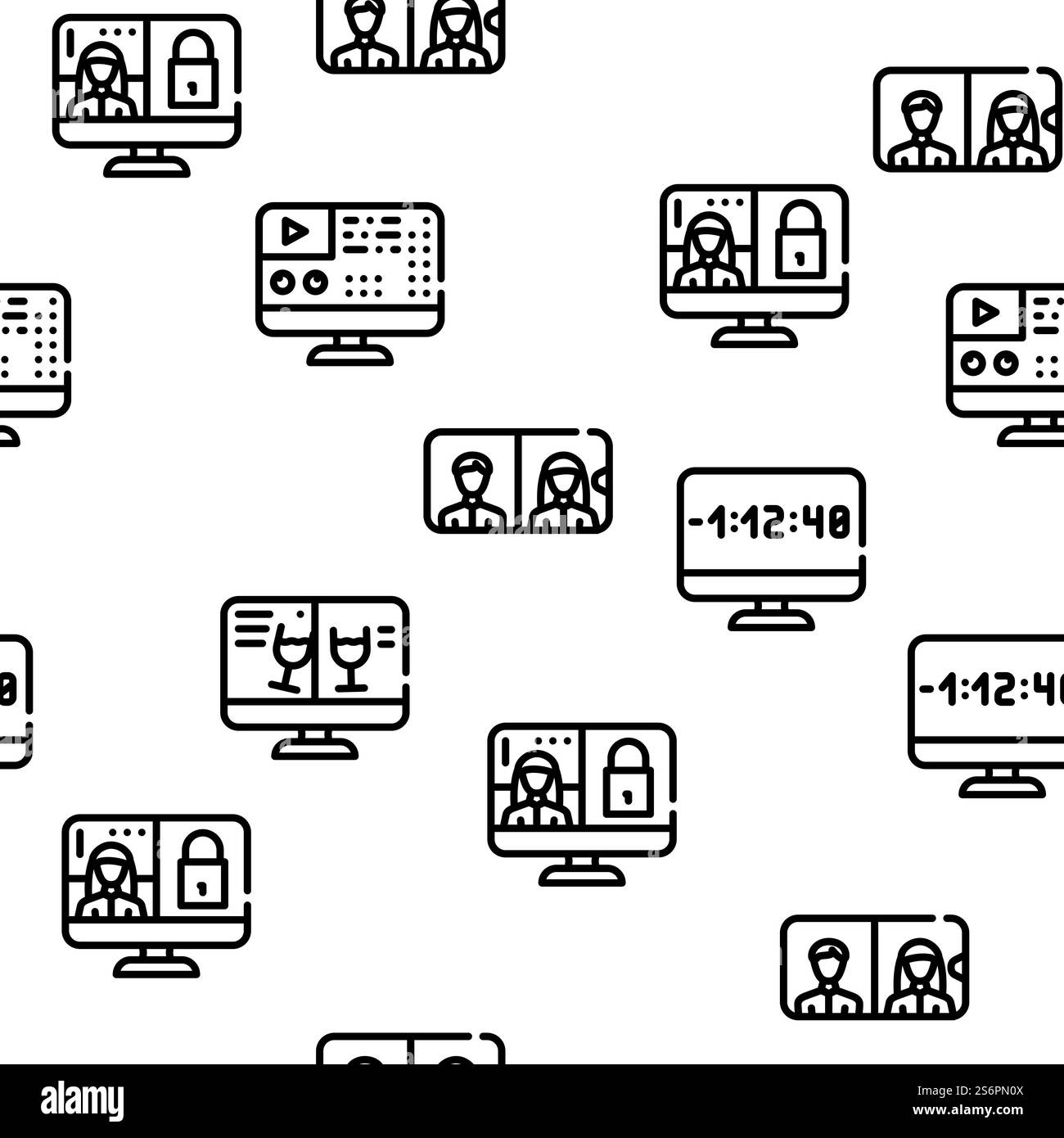 Video Konferenz Kommunikation Vektor Nahtlose Muster Dünne Linie Illustration. Videokonferenzkommunikation Vektor Nahtloses Muster Stock Vektor