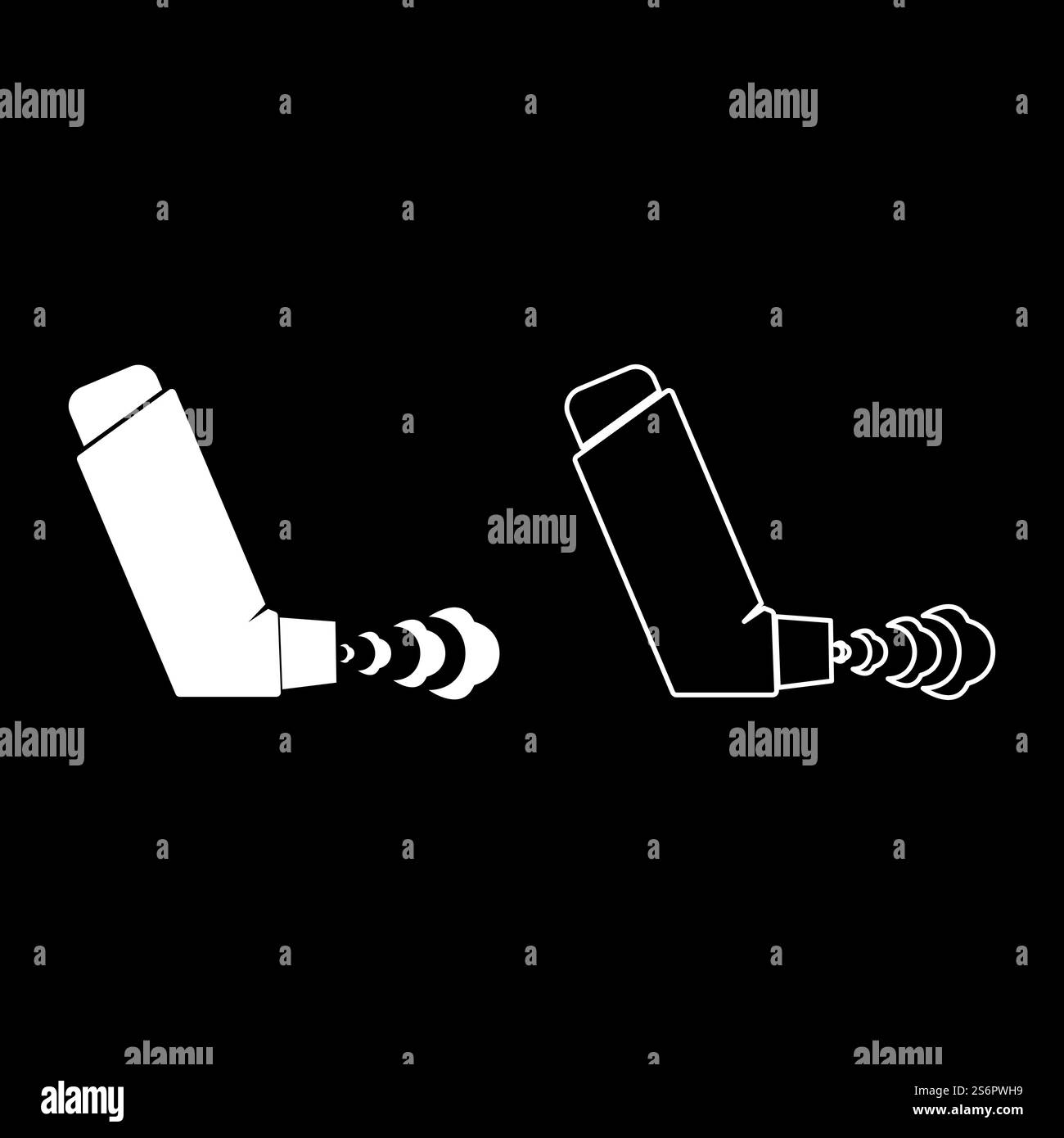 Hand-Inhalator-Spray für Behandlung Asthma Husten Entlastung Konzept Inhalation allergischer Patient Symbol weiße Farbe Vektor Illustration flache Art einfache Bildsatz. Hand-Inhalator-Spray für Behandlung Asthma Husten Entlastung Konzept Inhalation allergischer Patient Symbol weiße Farbe Vektor Illustration flache Art Bild Satz Stock Vektor