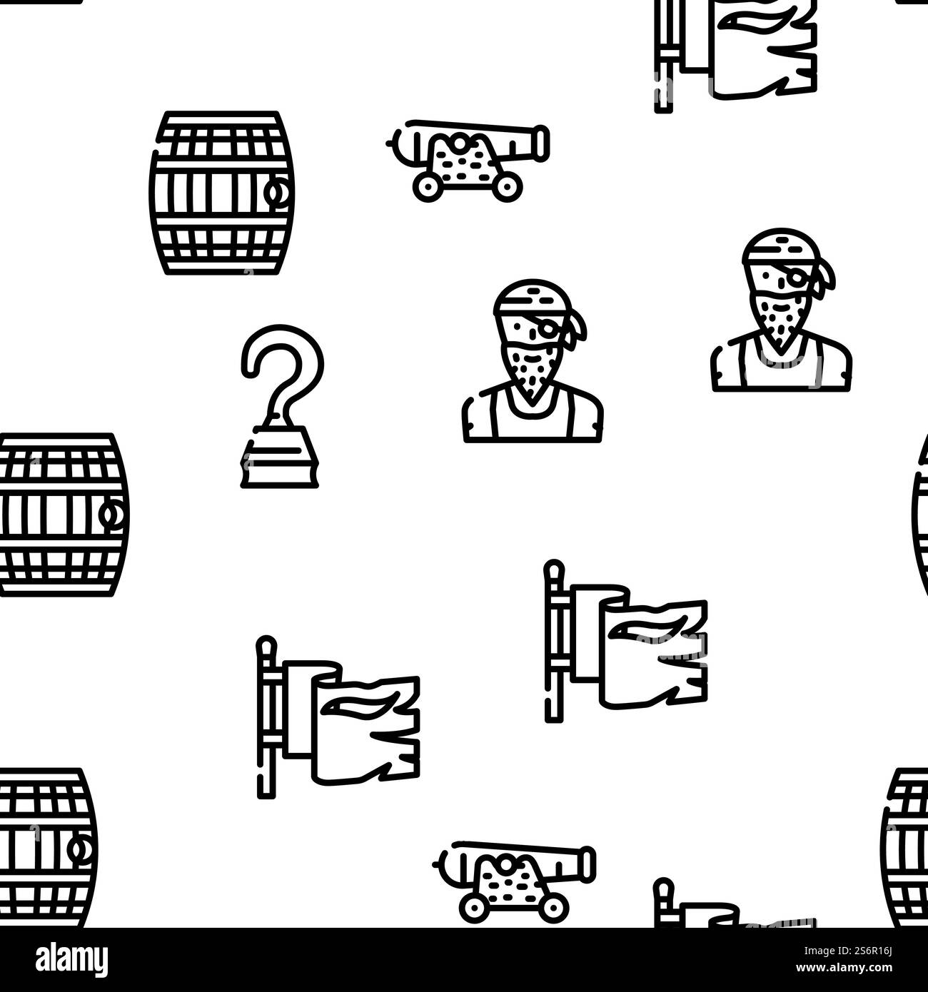 Pirate Sea Räuber Vektor Nahtlose Muster Dünne Linie Illustration. Seeräuber Seeräuber Vektor Nahtloses Muster Stock Vektor