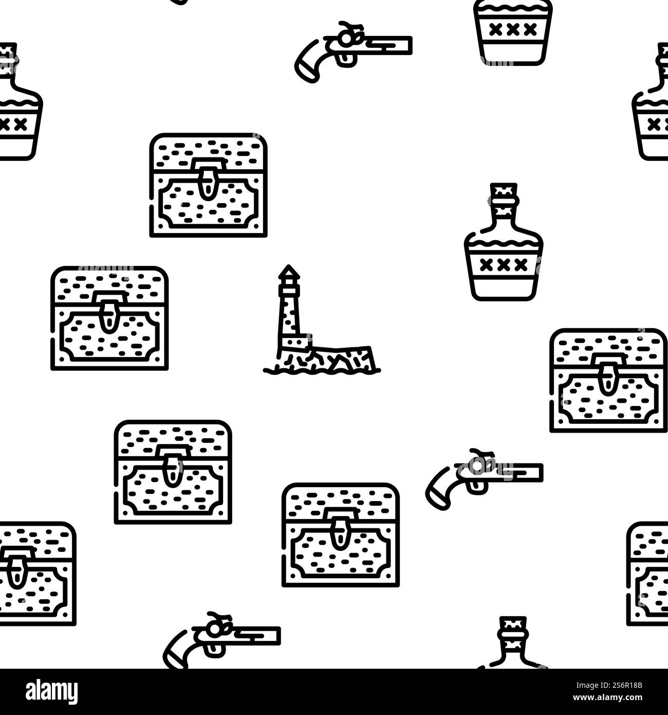 Pirate Sea Räuber Vektor Nahtlose Muster Dünne Linie Illustration. Seeräuber Seeräuber Vektor Nahtloses Muster Stock Vektor