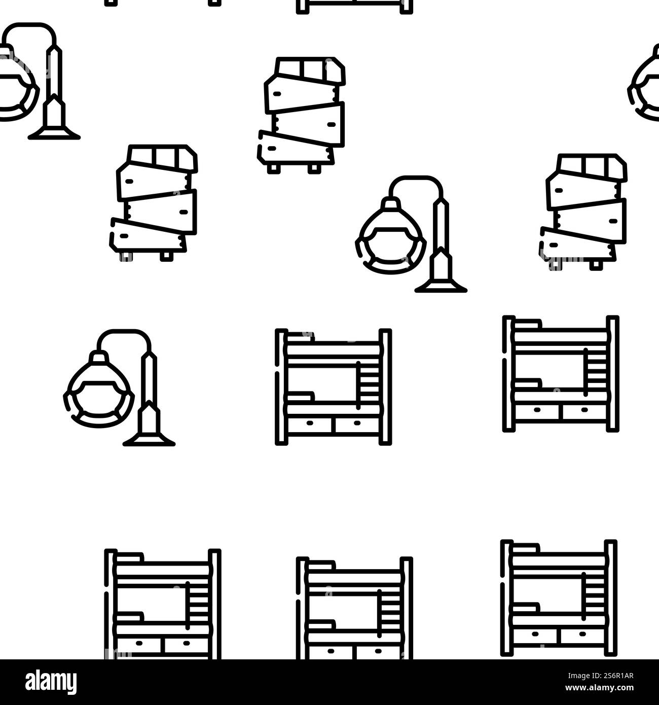 Möbel Haus Zimmer Innenraum Vektor Nahtlose Muster Dünne Linie Illustration. Möbel Haus Zimmer Innenraum Vektor Nahtlose Muster Stock Vektor