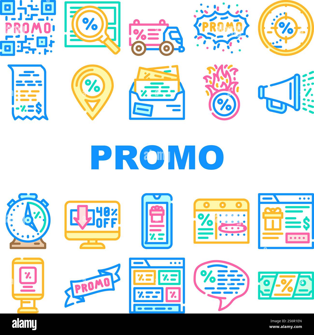 Symbole Für Promotions- Und Werbegutscheine Set Vektor. Qr-Code Für Verkaufsrabatt Und Newsletter Mit Werbebotschafter, Werbebanner Und Werbeband. Farbige Abbildungen. Symbole Für Promotions- Und Werbegutscheine Set Vektor Stock Vektor