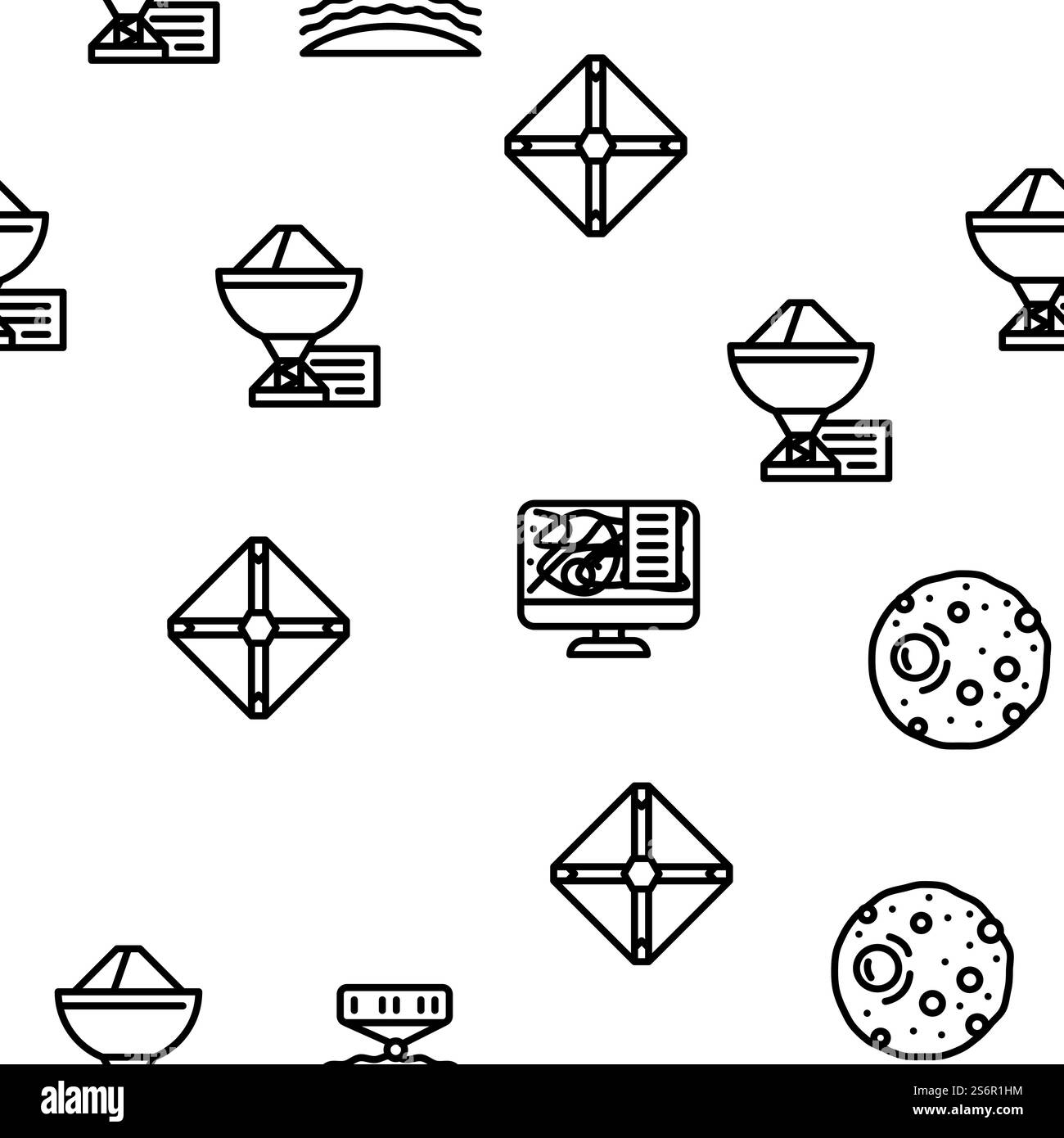 Space Researchment Equipment Vektor Nahtlose Muster Dünne Linie Illustration. Space Researchment Equipment Vektor Nahtloses Muster Stock Vektor