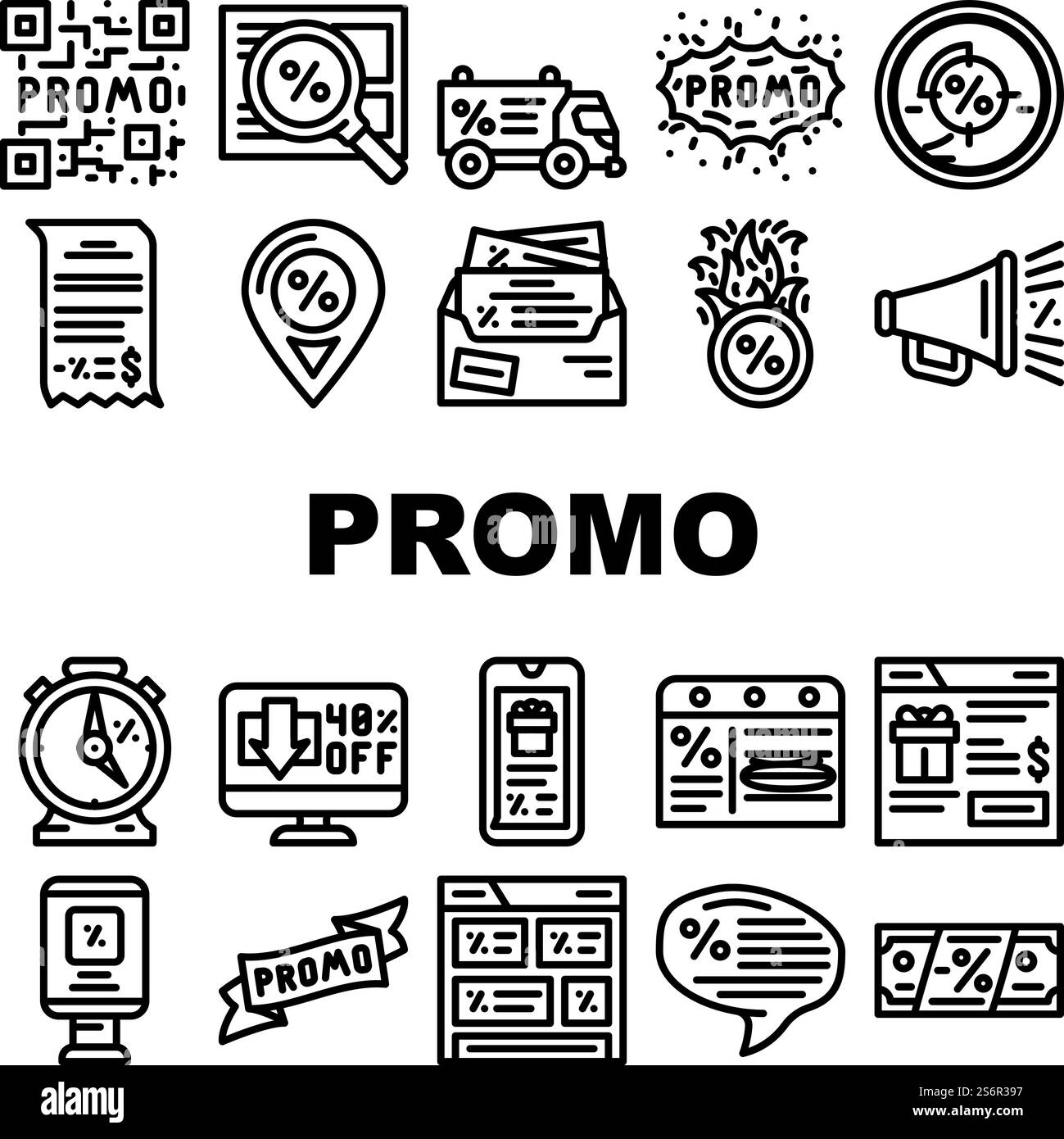 Symbole Für Promotions- Und Werbegutscheine Set Vektor. Qr-Code Für Sonderrabatt Und Newsletter Mit Werbebotschafter, Werbebanner Und Werbeband In Schwarzer Kontur. Symbole Für Promotions- Und Werbegutscheine Set Vektor Stock Vektor