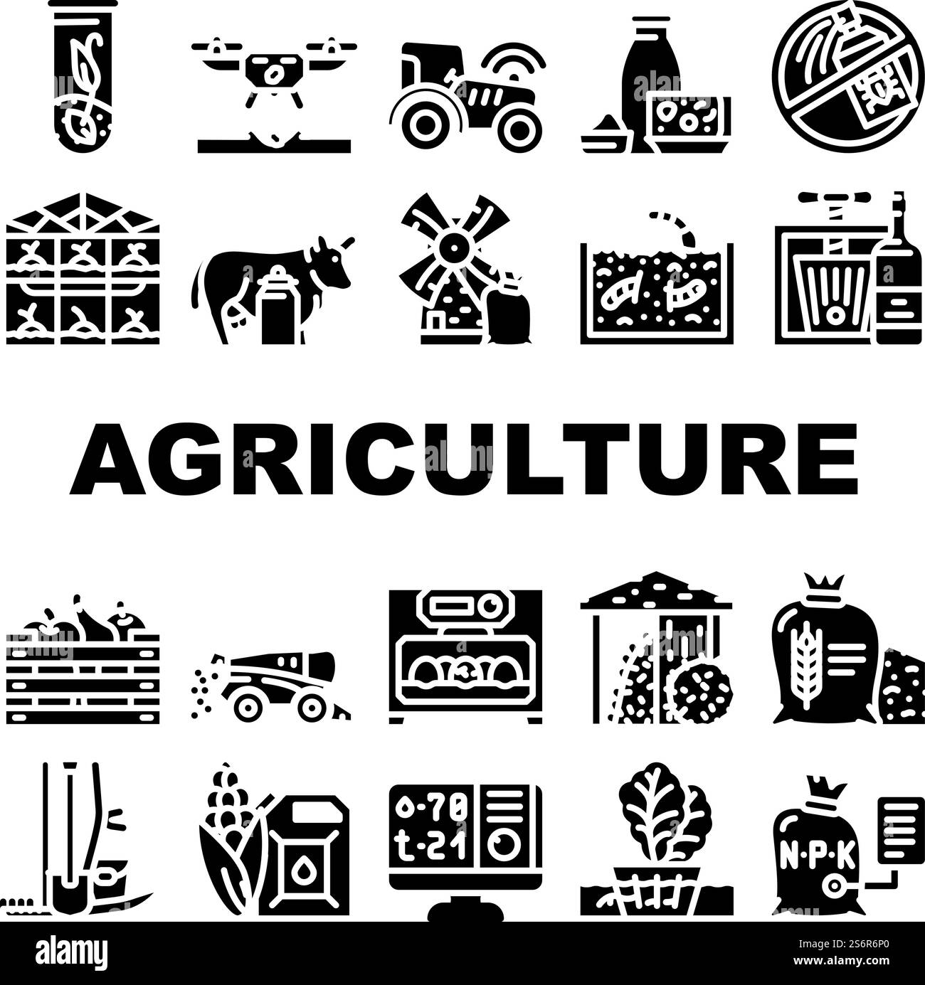 Landwirtschaft Farmland Business Icons Set Vektor. Bau Von Mühlen Und Gewächshäusern, Drohne Zum Anpflanzen Von Traktor Mit Gps, Landwirtschaft Ernte Produktion Glyph-Piktogramme Schwarze Illustrationen. Landwirtschaft Farmland Business Icons Set Vektor Stock Vektor
