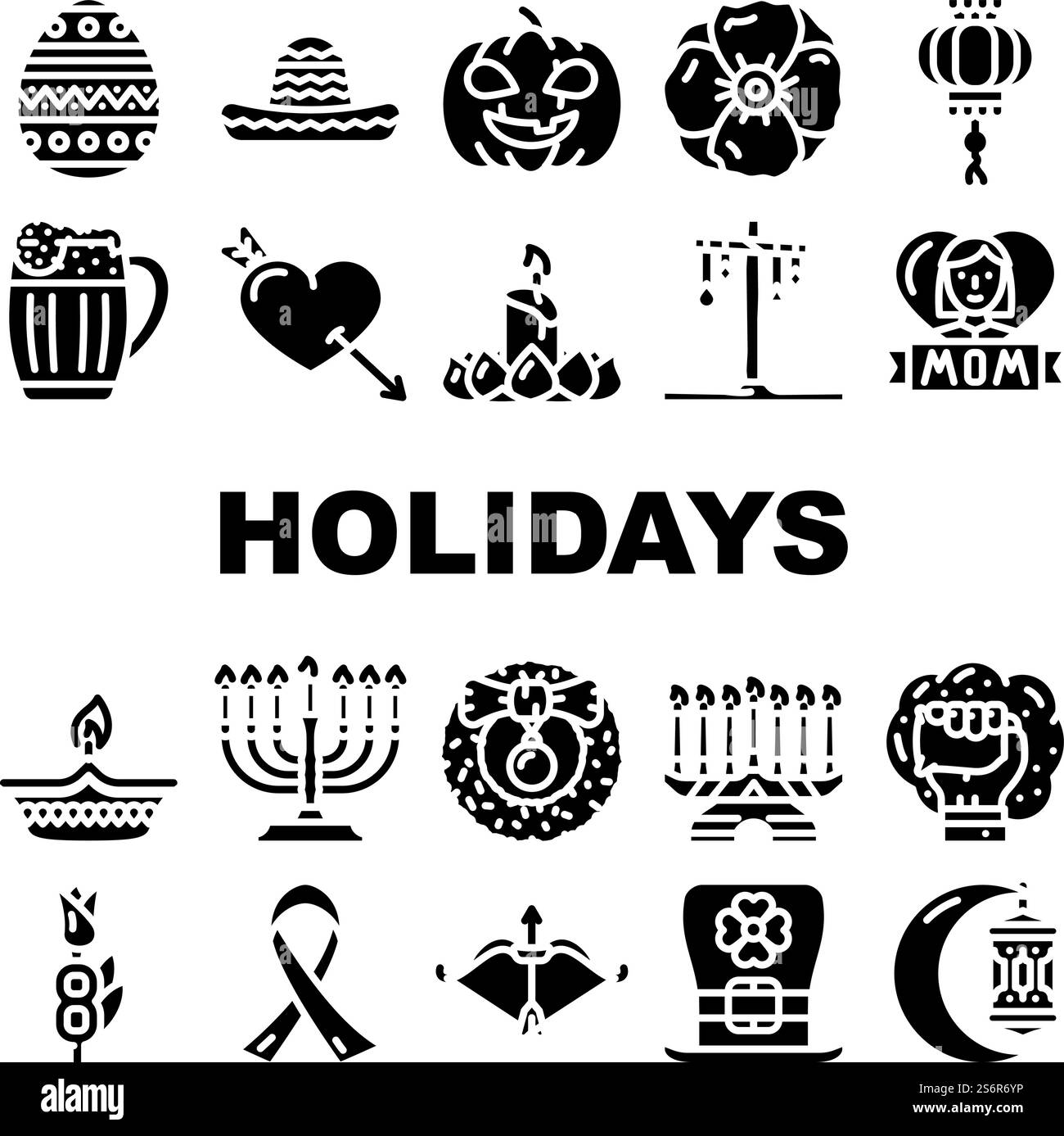 Feiertage Feiertage Zubehör Symbole Set Vektor. Mutter und 8. März internationaler Frauentag, Holi und Halloween, Weihnachten Chinesisches Neujahr feiern Feiertage Glyph-Piktogramme Schwarze Illustrationen. Feiertage Feiertage Zubehör Symbole Set Vektor Stock Vektor