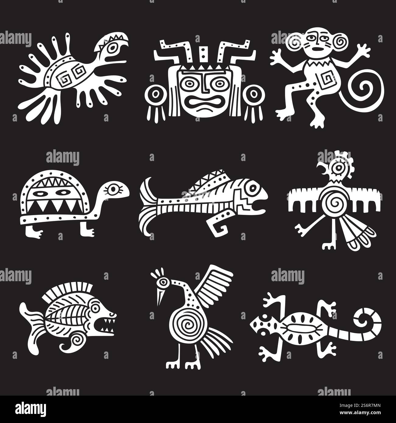 Altes mexikanisches Symbol. Aztekische Stämme traditionelle Symbole Ziertiere maya-Objekte aktuelle Vektor-Illustrationen. Aztekische mexikanische Tierschildkröten-Affen und Fische einheimisches Design. Altes mexikanisches Symbol. Aztekische Stämme traditionelle Symbole Ziertiere maya-Objekte aktuelle Vektor-Illustrationen Stock Vektor
