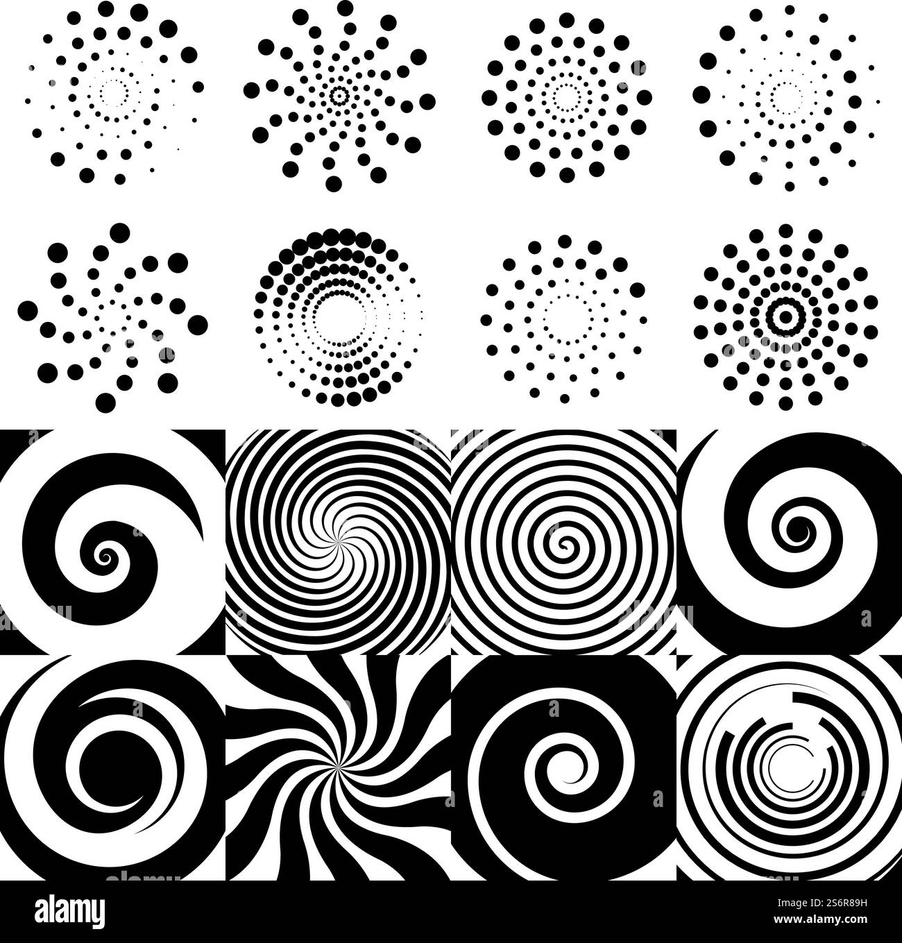 Wirbelnde Elemente. Hypnotisches geometrisches Zeichen, schwarze Halbtonrunden. Vektorsammlung isolierter gepunkteter Kreise. Illustration hypnotischer Wirbel, schwarz optisch, Twirl-Muster. Wirbelnde Elemente. Hypnotisches geometrisches Zeichen, schwarze Halbtonrunden. Vektorsammlung isolierter gepunkteter Kreise Stock Vektor
