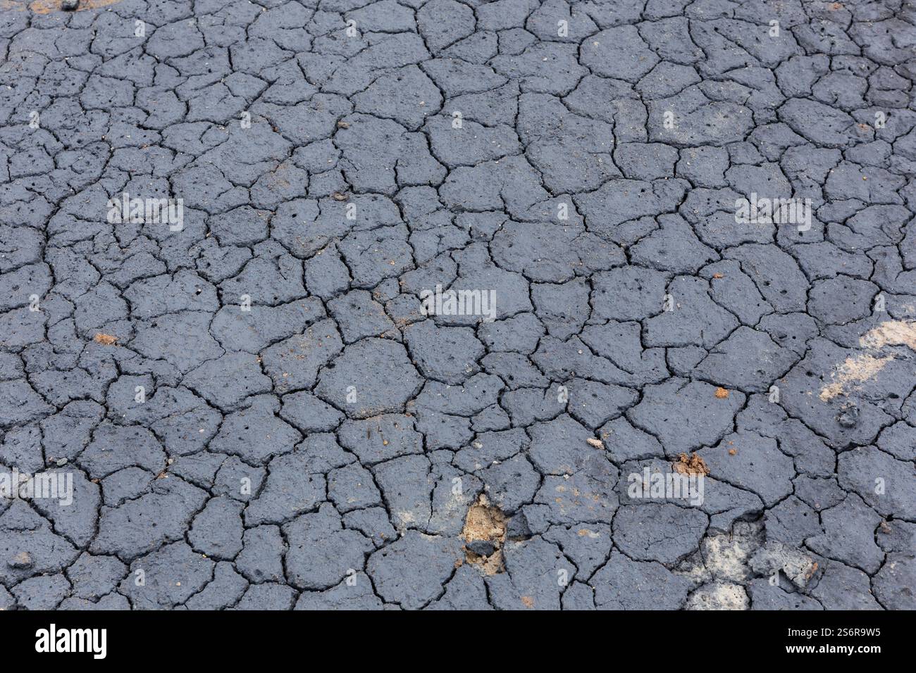 Grauer, trockener vulkanischer, gespaltener Lehmboden im Geothermalgebiet Myvatn in Island. Stockfoto