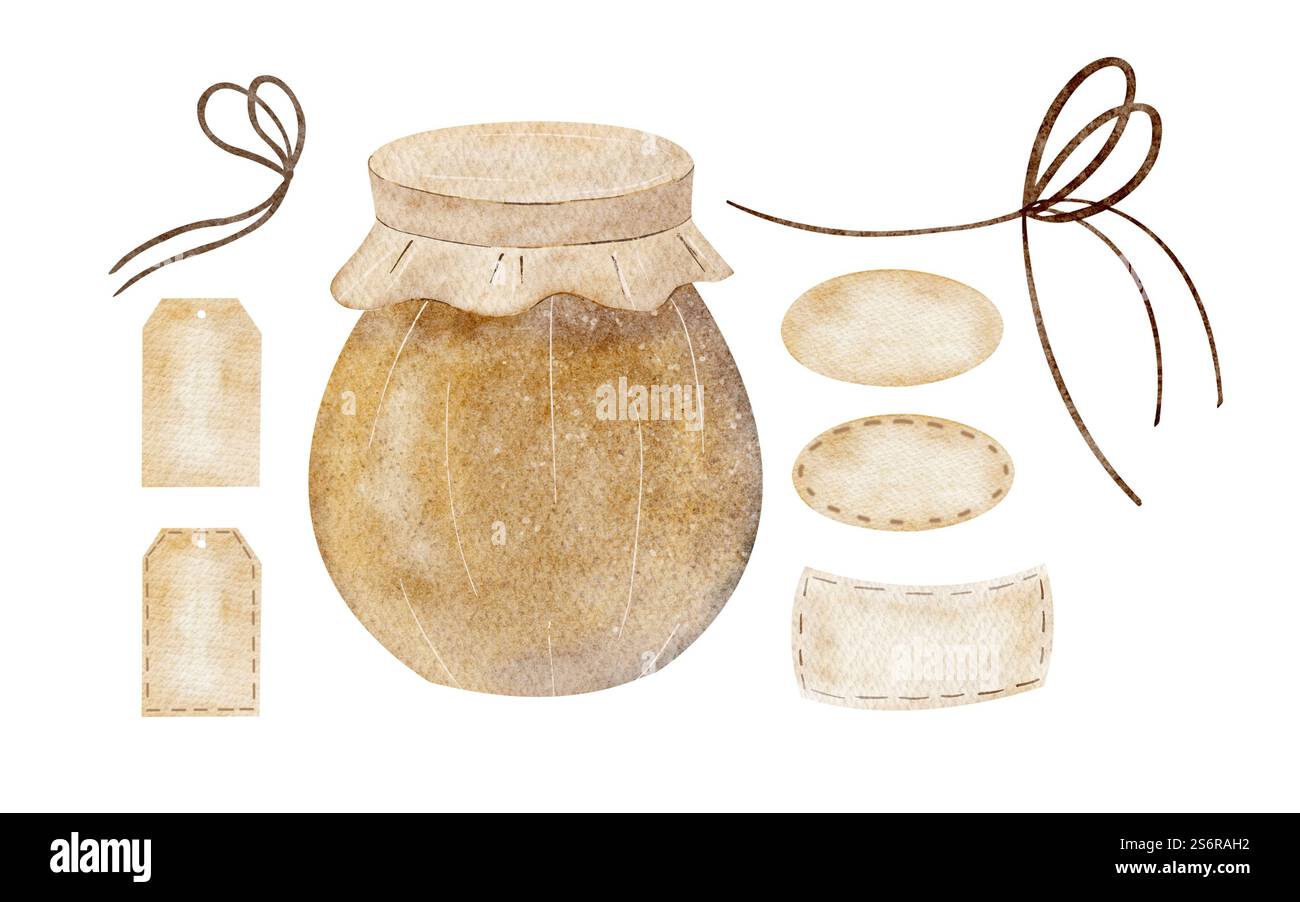 Wasserfarbenbehälter mit Etikett und Etikett. Honigtopf. Handgezeichnete Abbildung. Elemente, die vom Hintergrund für Designvorlage, Logo, Aufkleber, Website isoliert wurden Stockfoto