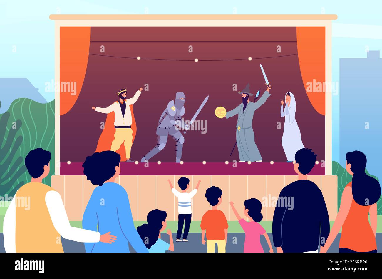 Straßentheater. Kulturelle Unterhaltung, Familienkunstvorführung im Freien. Magier-Show auf der Bühne für Kinder, Park Festival Vektor Illustration. Theaterunterhaltung, Publikum. Straßentheater. Kulturelle Unterhaltung, Familienkunstvorführung im Freien. Magier-Show auf der Bühne für Kinder, Park Festival Vektor Illustration Stock Vektor