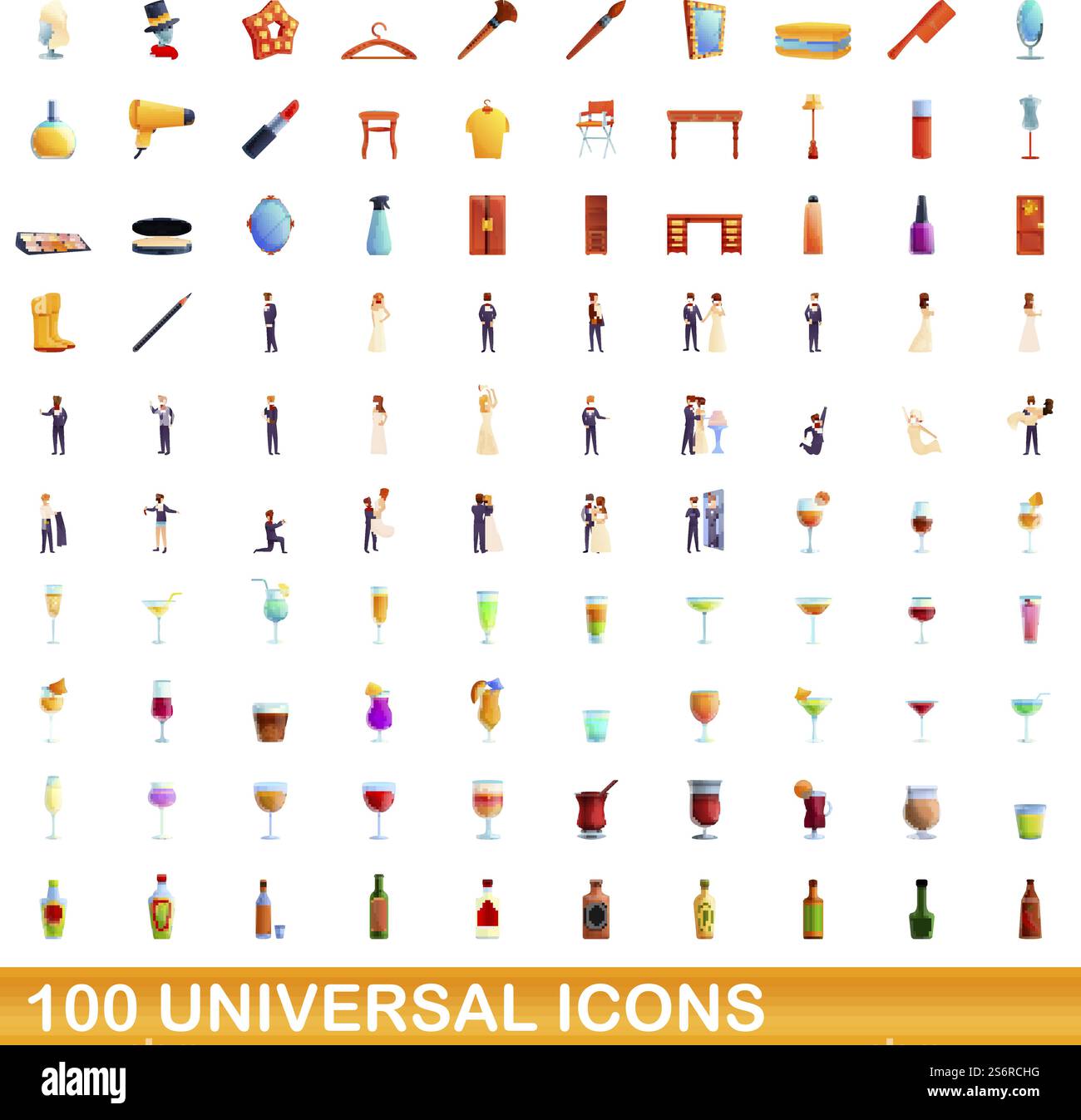 100 universelle Symbole. Zeichentrickillustration von 100 universellen Symbolen Vektor-Satz isoliert auf weißem Hintergrund. 100 universelle Symbole im Cartoon-Stil Stock Vektor
