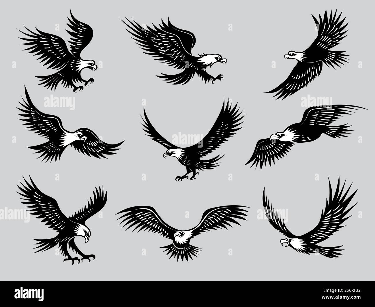 Fliegende Adler. Silhouetten von Vögeln wilde Falken Freiheit Tiere für Motorrad-Embleme aktuelle Vektor-Illustrationen. Eagle Tattoo Wildtiere, fliegen und jagen, fliegende Wildvögel. Fliegende Adler. Silhouetten von Vögeln wilde Falken Freiheit Tiere für Motorrad-Embleme aktuelle Vektor-Illustrationen Stock Vektor