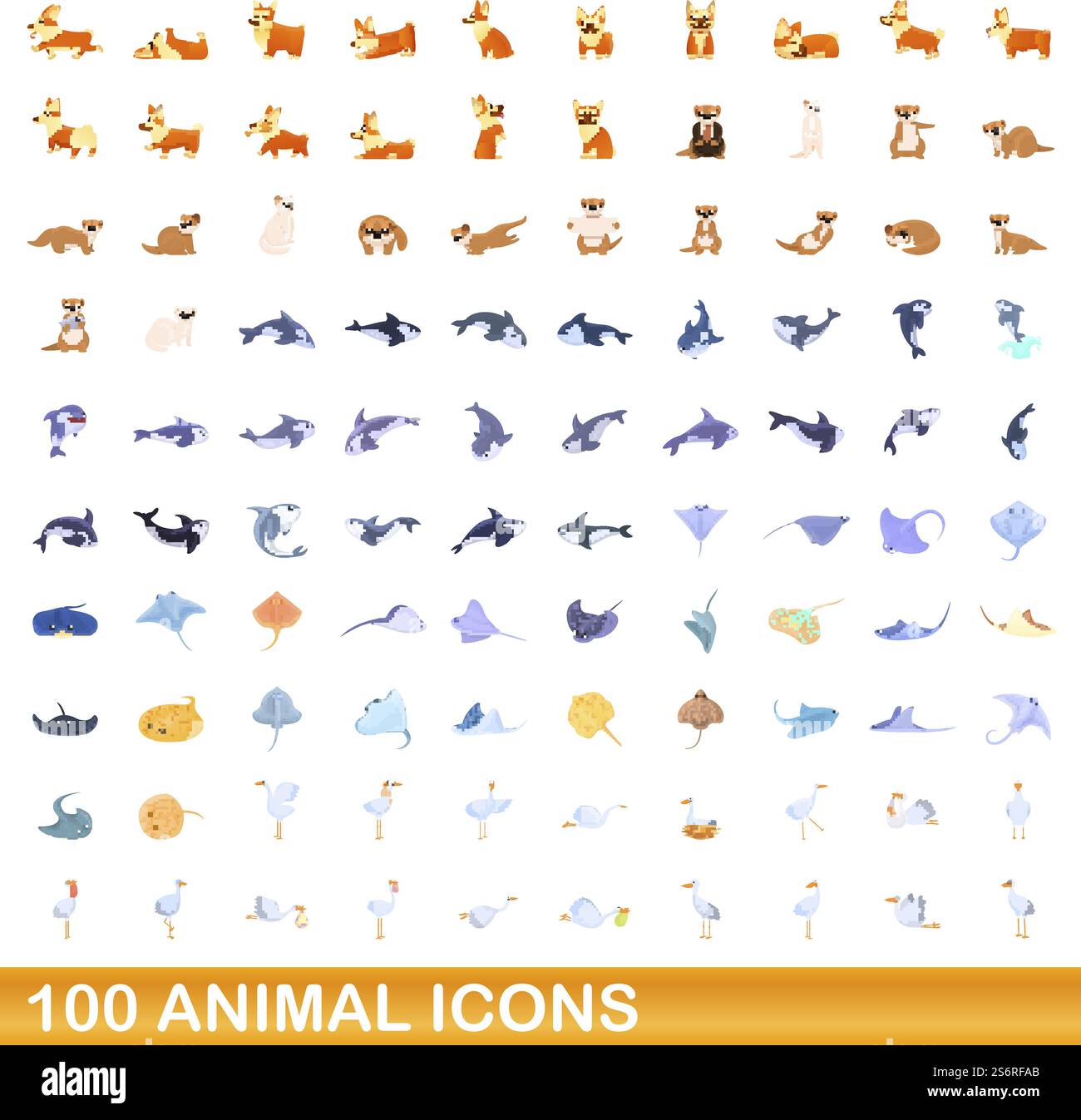 100 Tiersymbole gesetzt. Zeichentrickillustration von 100 Tiersymbolen Vektorsatz isoliert auf weißem Hintergrund. 100 Tiersymbole im Cartoon-Stil Stock Vektor