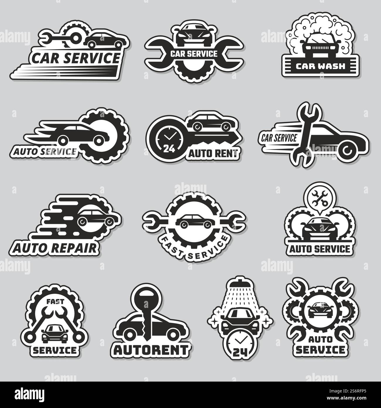 Logo für Fahrzeugservice. Silhouetten von Autos Garagenfahrzeuge Mechaniker Reparatur Autos neue Vektor Stilisierte Geschäftsembleme Vorlagen. Abbildung Transportemblem mit mechanischer Stütze. Logo für Fahrzeugservice. Silhouetten von Autos Garagenfahrzeuge Mechaniker Reparatur Autos neue Vektor Stilisierte Geschäftsembleme Vorlagen Stock Vektor