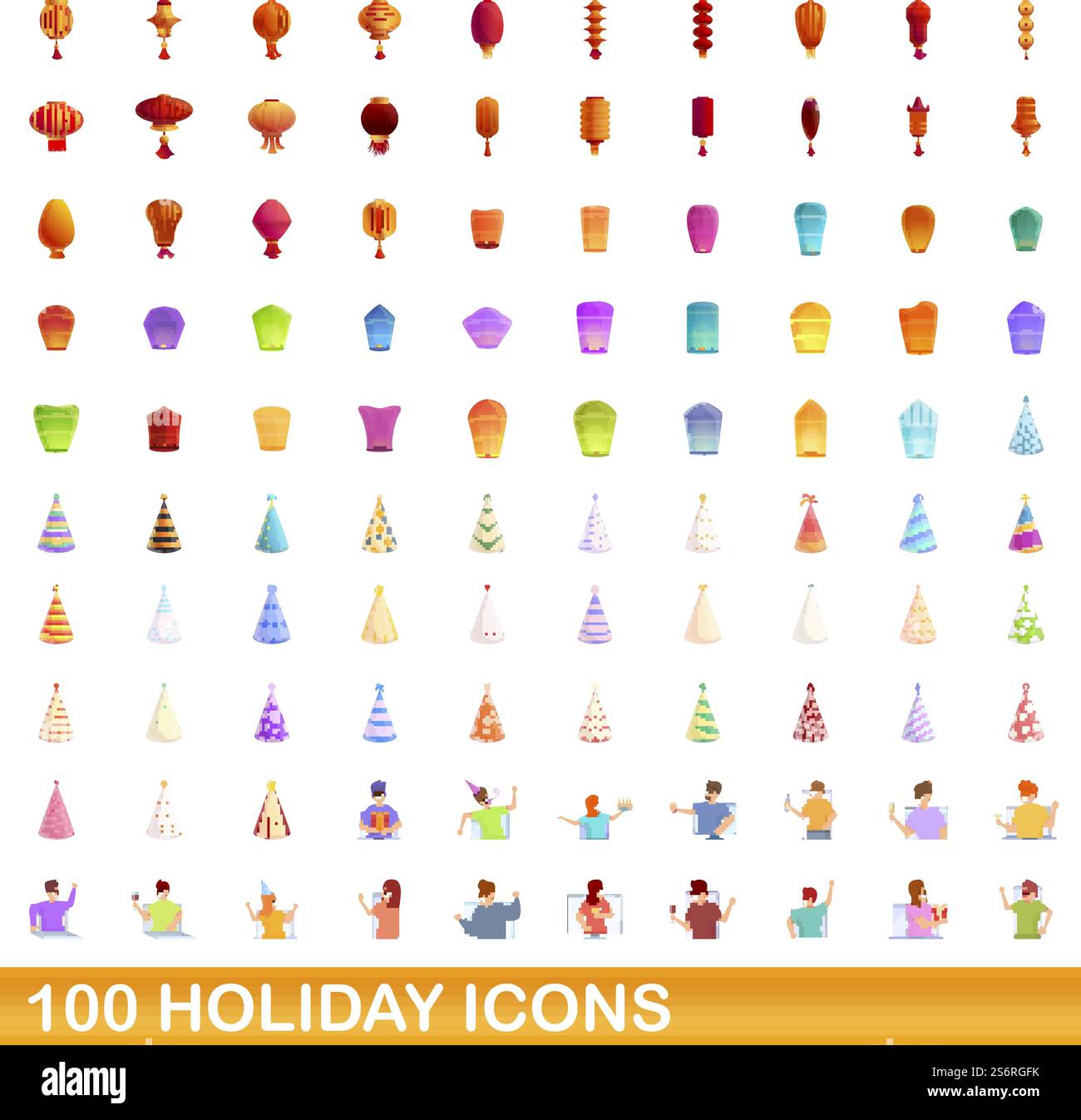 100 Weihnachtssymbole gesetzt. Zeichentrickillustration von 100 Feiertagsymbolen Vektor auf weißem Hintergrund lokalisiert. 100 Weihnachtssymbole im Zeichentrickstil Stock Vektor