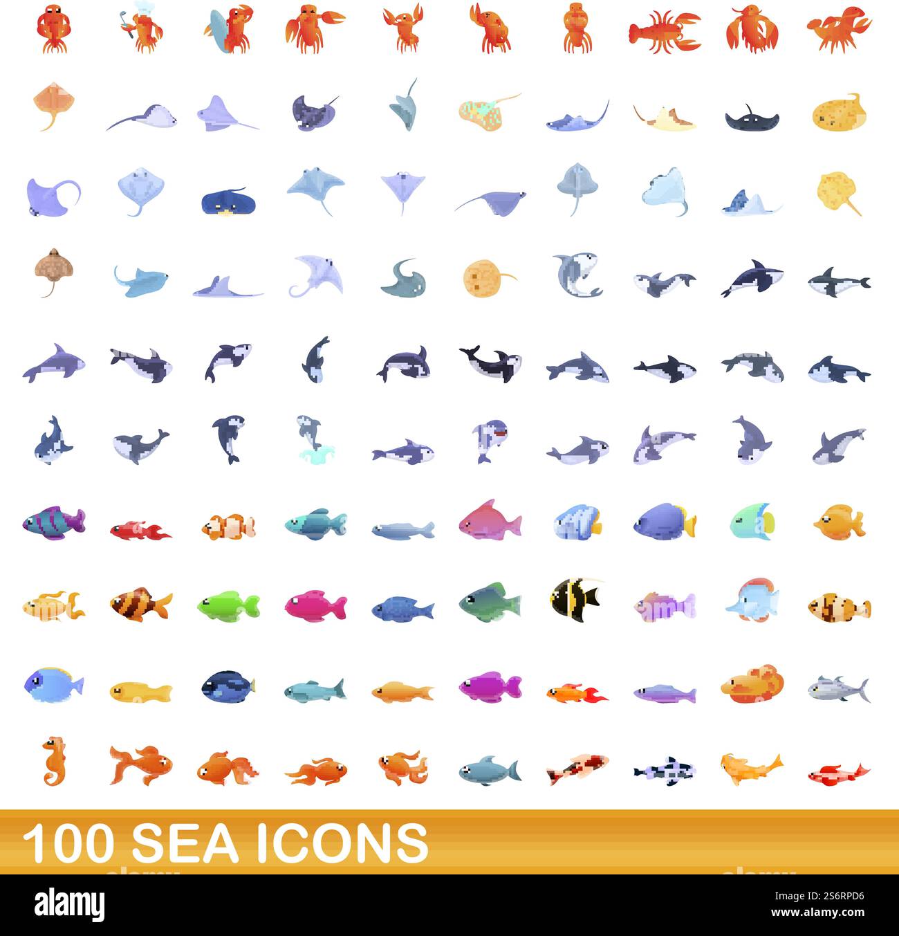 100 SEA-Symbole gesetzt. Zeichentrickillustration von 100 Meer-Ikonen Vektor-Set isoliert auf weißem Hintergrund. 100 Ikonen im Meer, Cartoon-Stil Stock Vektor