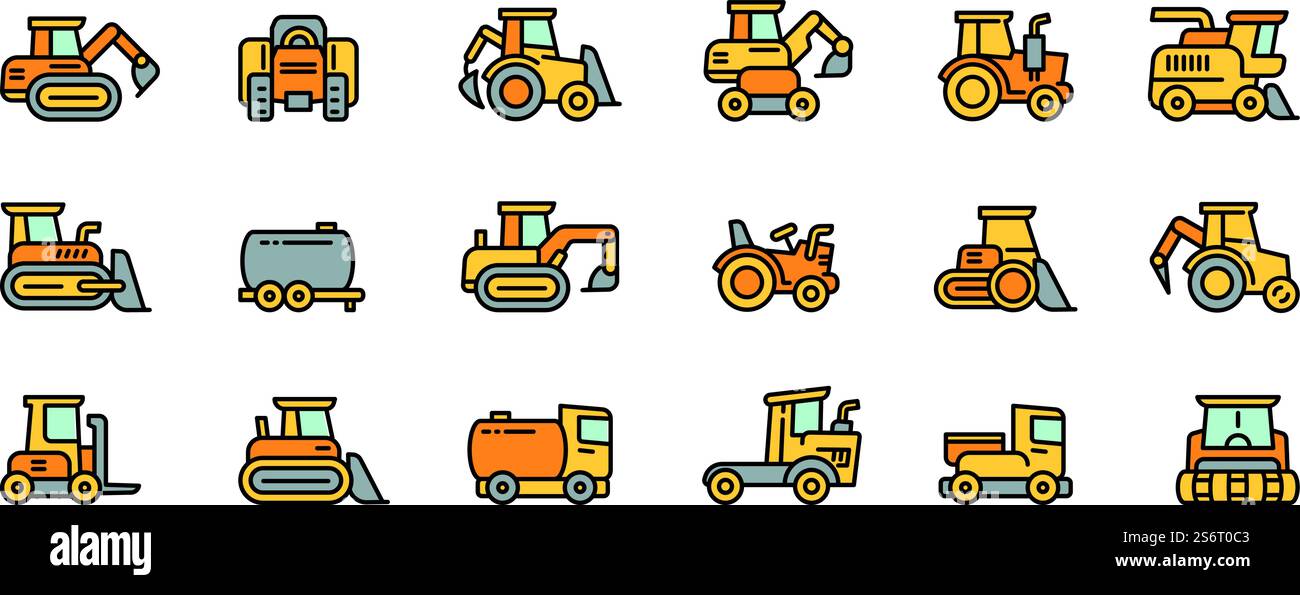 Symbole für landwirtschaftliche Maschinen legen den Konturvektor fest. Mähdrescher ernten. Landmaschinen. Symbole für landwirtschaftliche Maschinen legen den Konturvektor fest. Mähdrescher ernten Stock Vektor