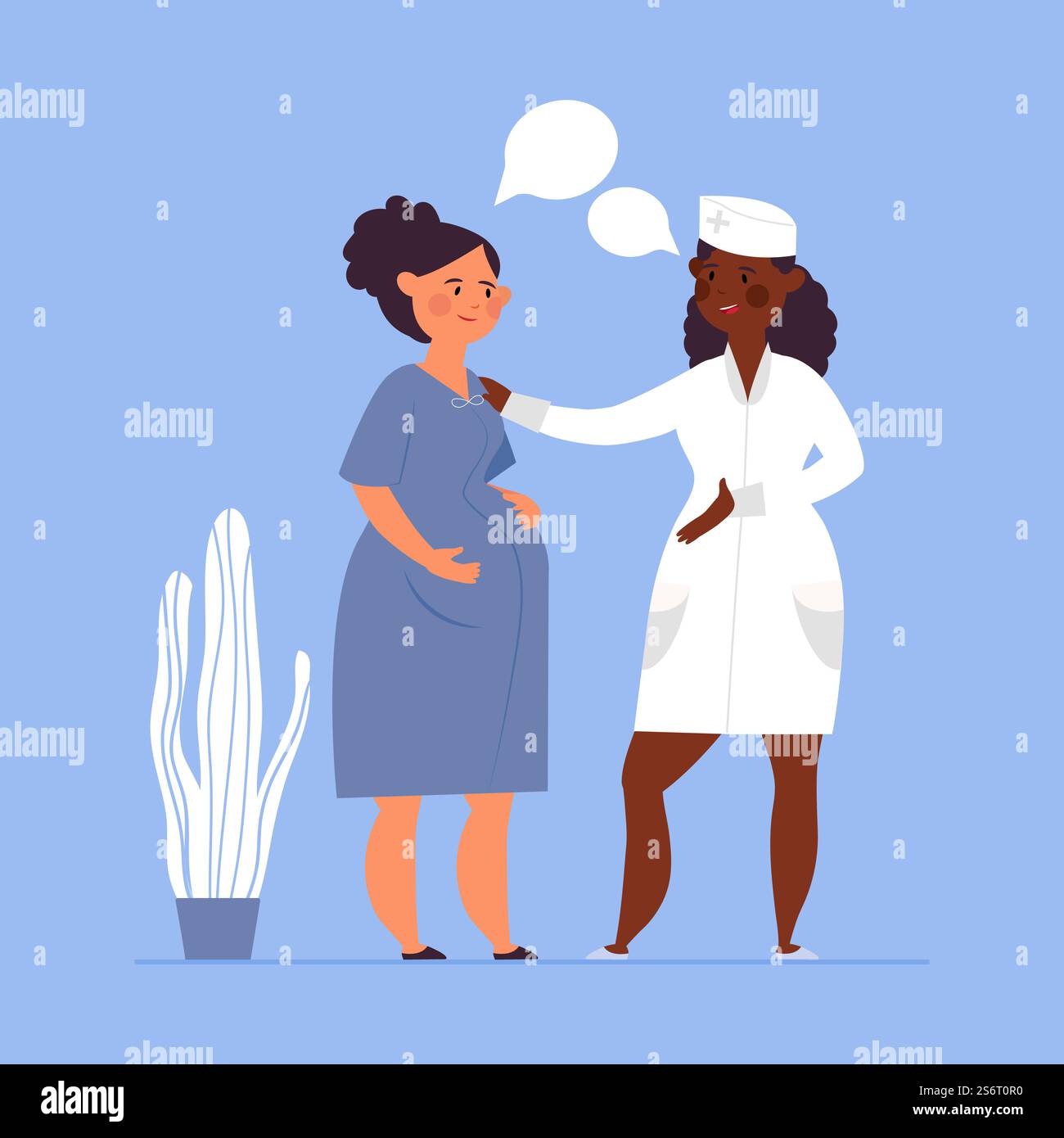 Schwangere Frau beim Arzt. Mutter mit Krankenschwester, Schwangerschaftsärztliche Betreuung. Klinik, Gynäkologe und gesunde zukünftige Mutter anständige Vektorkonzept. Illustration Schwangerschaftsmutter Besuch Arzt. Schwangere Frau beim Arzt. Mutter mit Krankenschwester, Schwangerschaftsärztliche Betreuung. Klinik, Gynäkologe und gesunde zukünftige Mutter anständige Vektorkonzept Stock Vektor