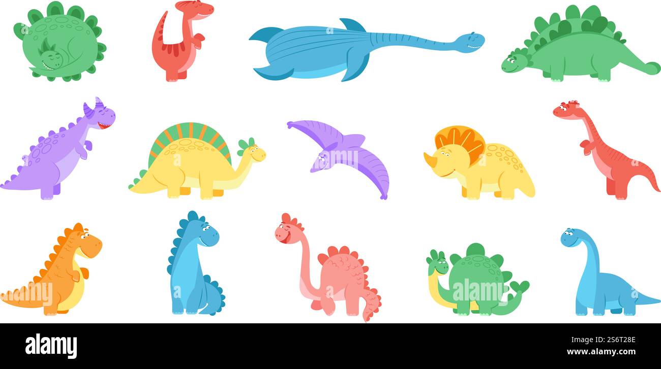 Lustige Dinosaurier. Farbenfrohes Dinosauriermuster, süßer Dino für Kinder. Isolierte prähistorische Zeichentricktiere. Mädchen Jungen stegosaurus anständige Vektorfiguren. Illustration Dinosaurier und tyrannosaurus. Lustige Dinosaurier. Farbenfrohes Dinosauriermuster, süßer Dino für Kinder. Isolierte prähistorische Zeichentricktiere. Mädchen Jungen stegosaurus anständige Vektorfiguren Stock Vektor