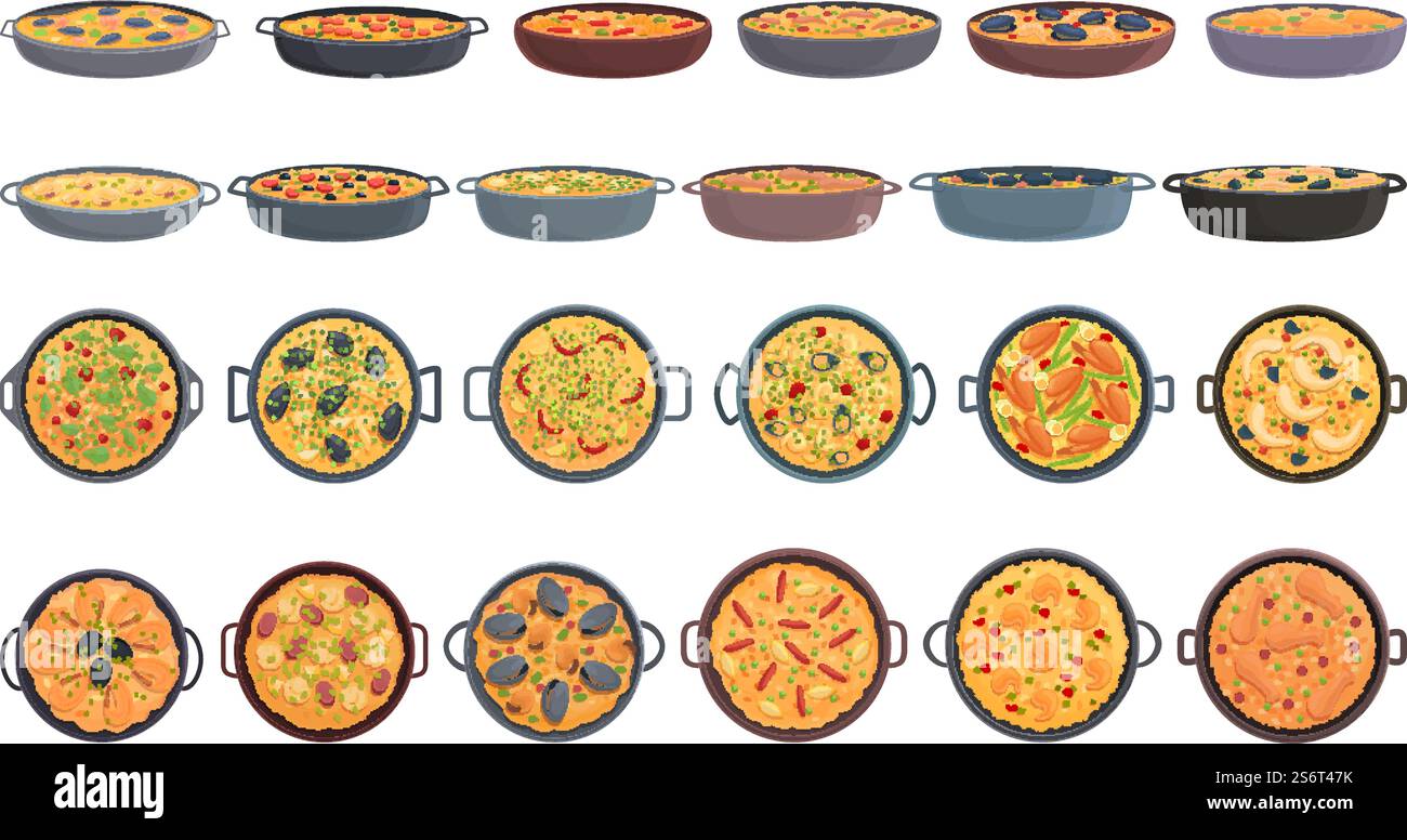 Paella-Symbole setzen Cartoon-Vektor. Kochen Sie das Gericht. Die Küche war köstlich. Paella-Symbole setzen Cartoon-Vektor. Kochen Sie das Gericht Stock Vektor