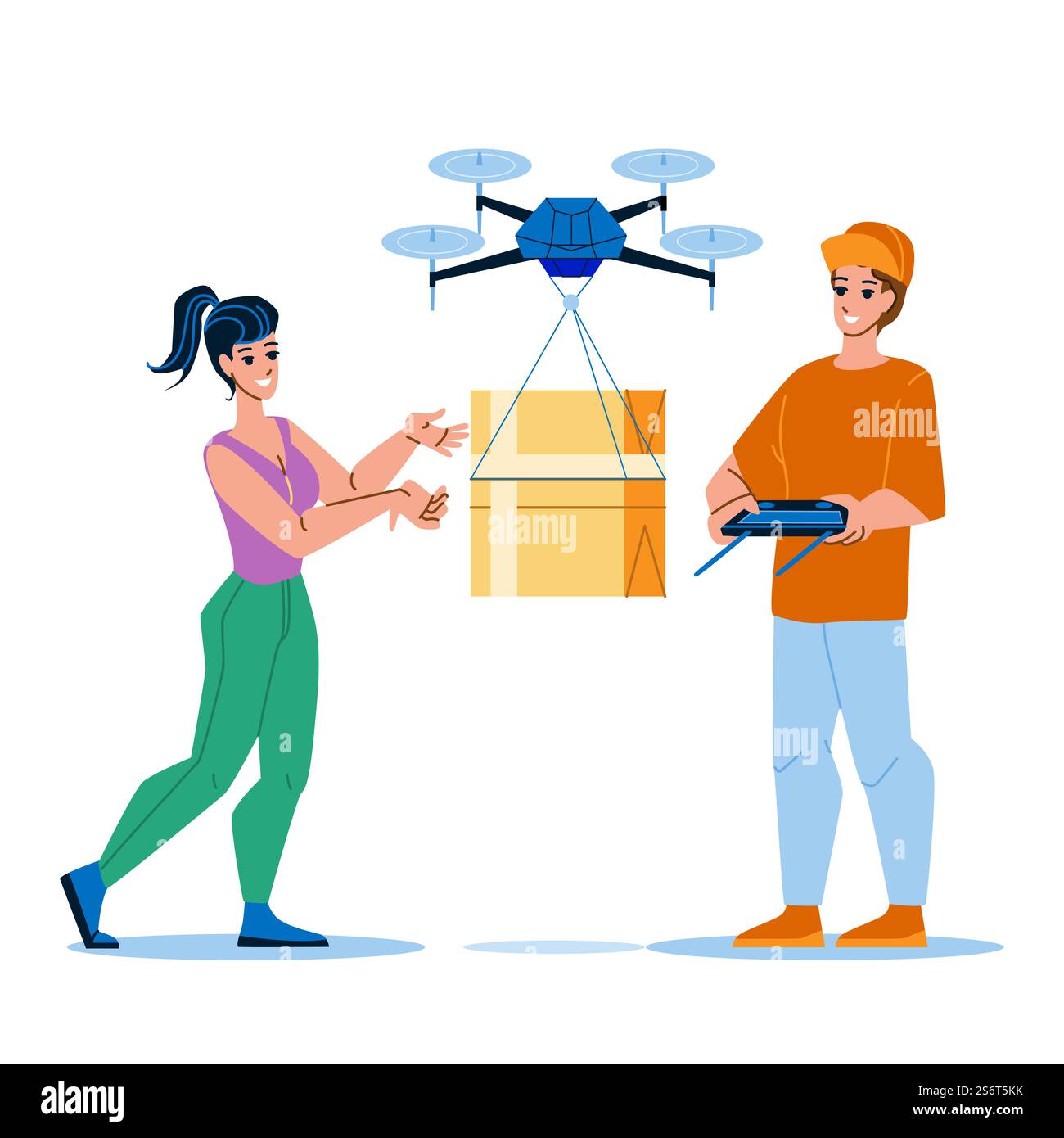 Lieferumfang der Drohne. Paketservice für Roboter. Schneller Lkw. Zukünftige paracel-Bestellung Charakter Web-Zeichentrickfilm Illustration. Vektor für die Drohnenausbringung Stock Vektor