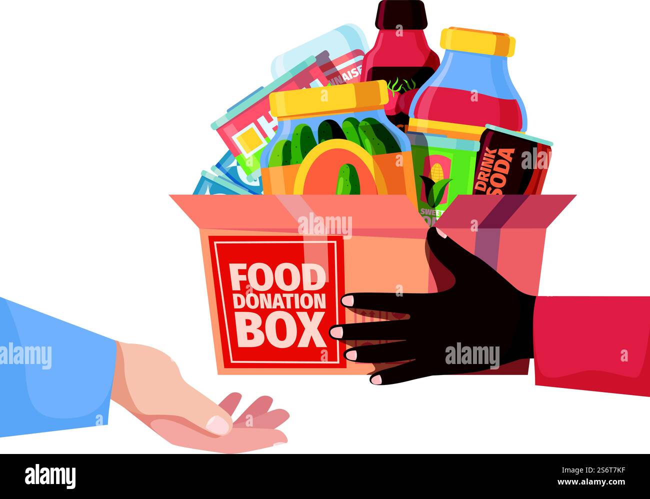 Spendenbox. Lebensmittelpakete und Lebensmittelbehälter Spendenfreiwillige Community helfen bei der Kampagne von Konservenprodukten grelle Vektorillustrationen. Box Charity und Spende, Spende von Freiwilligen. Spendenbox. Lebensmittelpakete und Lebensmittelbehälter Spendenfreiwillige Community helfen bei der Kampagne von Konservenprodukten grelle Vektorillustrationen Stock Vektor