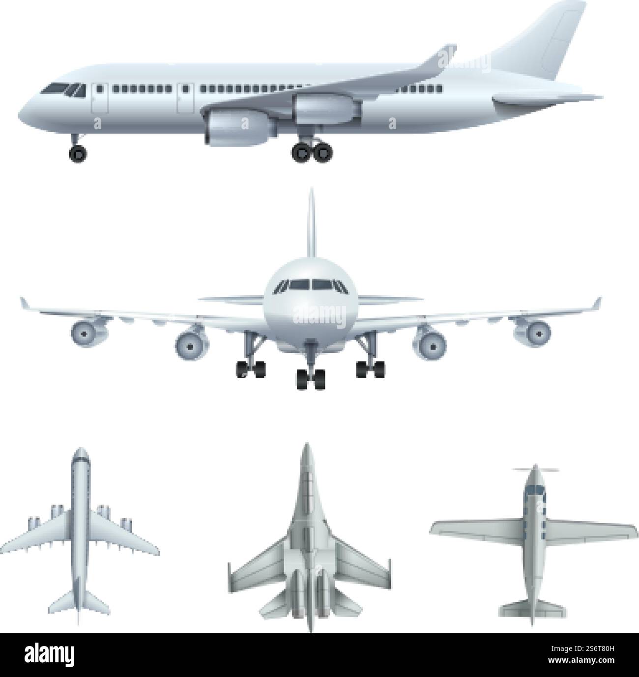 Flugzeuge. Passagierflugzeug, Militärflugzeuge. Isolierte fliegende Jäger, logistische Vektorelemente für den Transport. Flugzeugflug mit Passagier, Luftstrahlillustration. Flugzeuge. Passagierflugzeug, Militärflugzeuge. Isolierte fliegende Jäger, logistische Vektorelemente für den Transport Stock Vektor