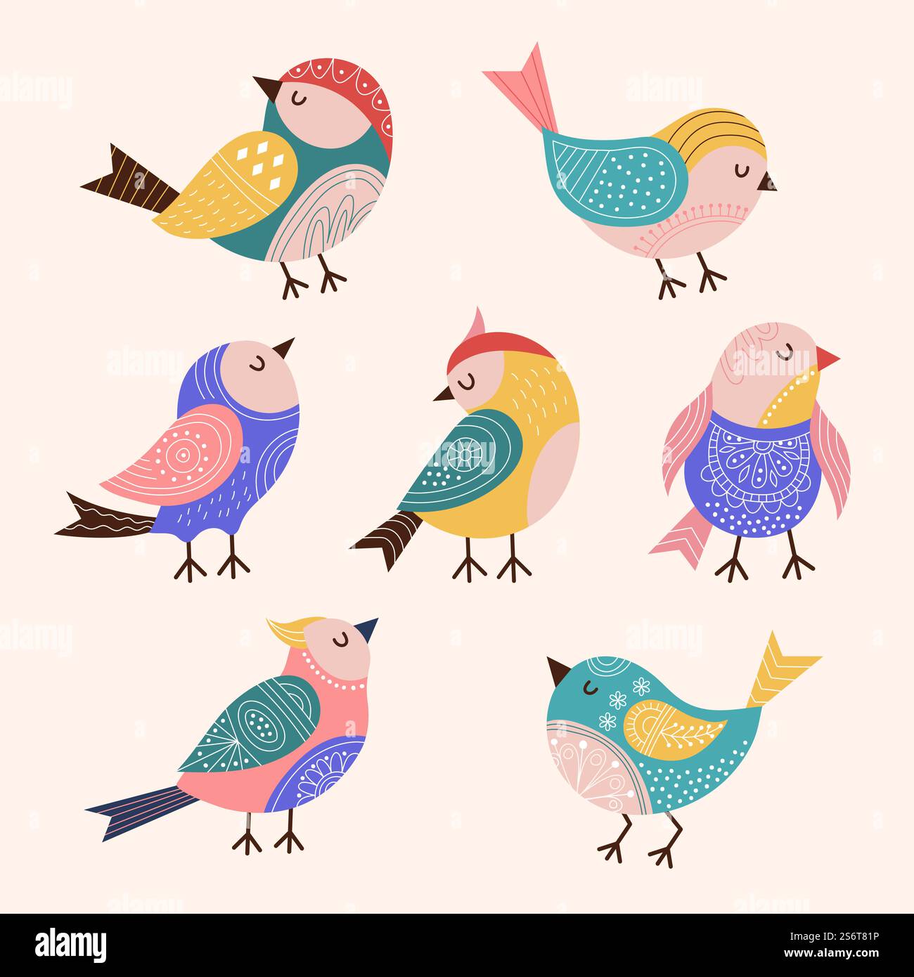 Dekorierte Vögel. Trendige stilisierte farbige fliegende Vögel mit volkstümlichen und botanischen Grafiken authentisches Dekor aktuelle Vektor-Flachbilder Set. Vogelvolk traditionelle, farbige Spatzen-Illustration. Dekorierte Vögel. Trendige stilisierte farbige fliegende Vögel mit volkstümlichen und botanischen Grafiken authentisches Dekor aktuelle Vektor-Flachbilder Set Stock Vektor